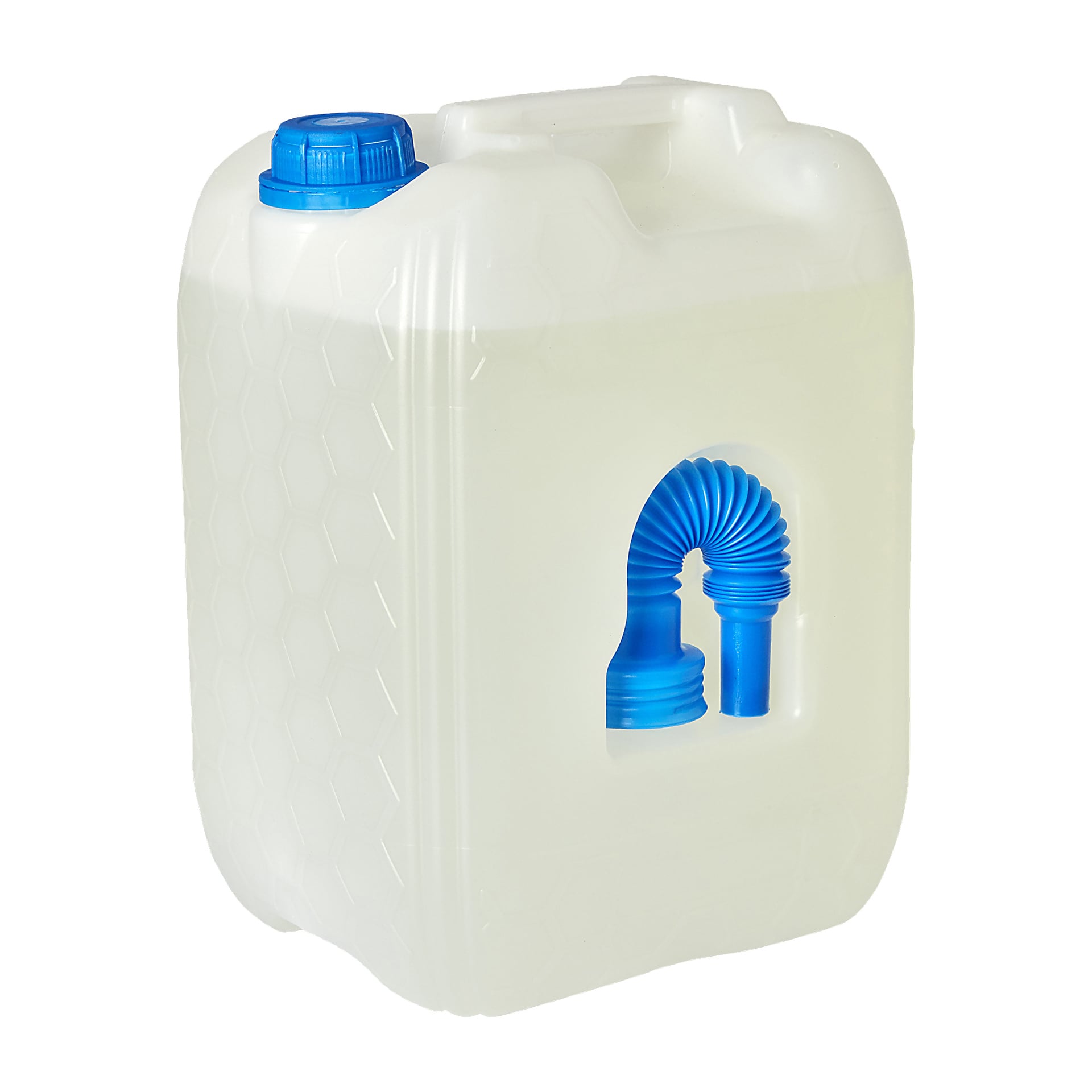 En genomskinlig plastburk av Hamron Reducer AdBlue® fylld med vätska, med en blå skruvlock ovanpå och en blå flexibel hällpipa placerad i ett fack på sidan.