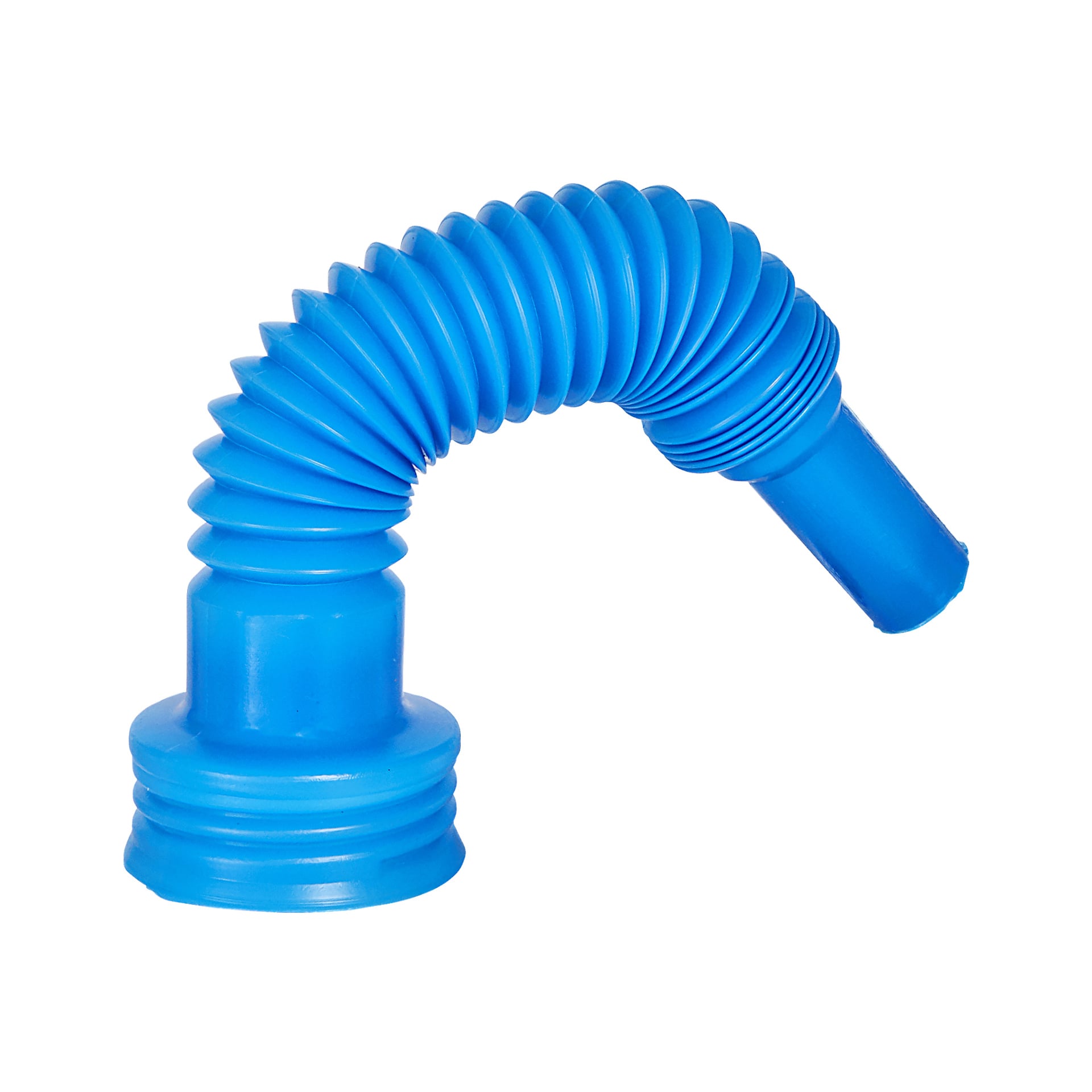 Ett blått, böjbart, dragspelsformat plaströr märkt Hamron Reducer AdBlue® är böjt i en båge. Ena änden har en bred, gängad bas, medan motsatt ände är smalare och slätare med åsar längs kroppen.