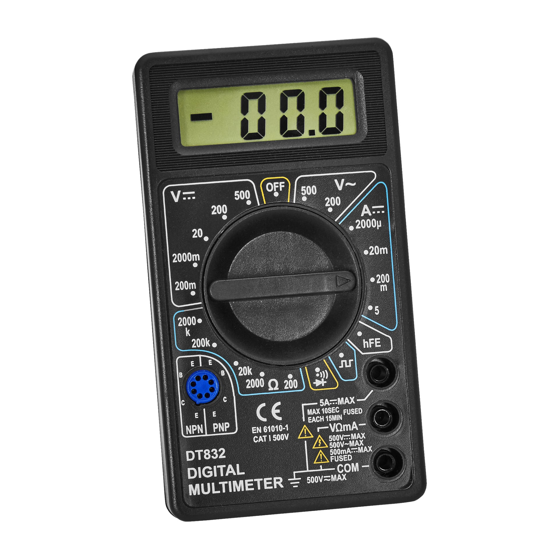 Ein Anslut-Multimeter DT832 zeigt auf seinem Display einen Nullwert an und hat den Drehschalter auf die Aus-Position gestellt. Dieses Werkzeug wird zur Messung von Spannung, Strom, Widerstand und weiteren Parametern verwendet.