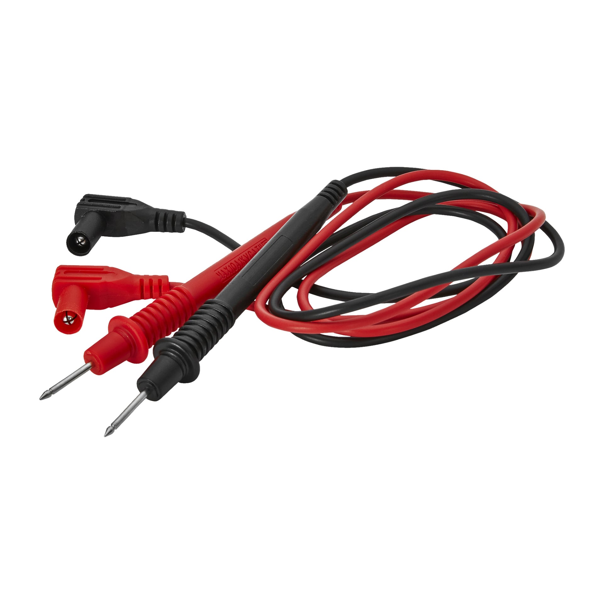 Ein aufgewickelter Satz roter und schwarzer Messleitungen mit Metallspitzen und isolierten Griffen, jeweils an einem Draht derselben Farbe befestigt, der für die Verwendung mit dem Anslut-Multimeter DT832 vorgesehen ist.