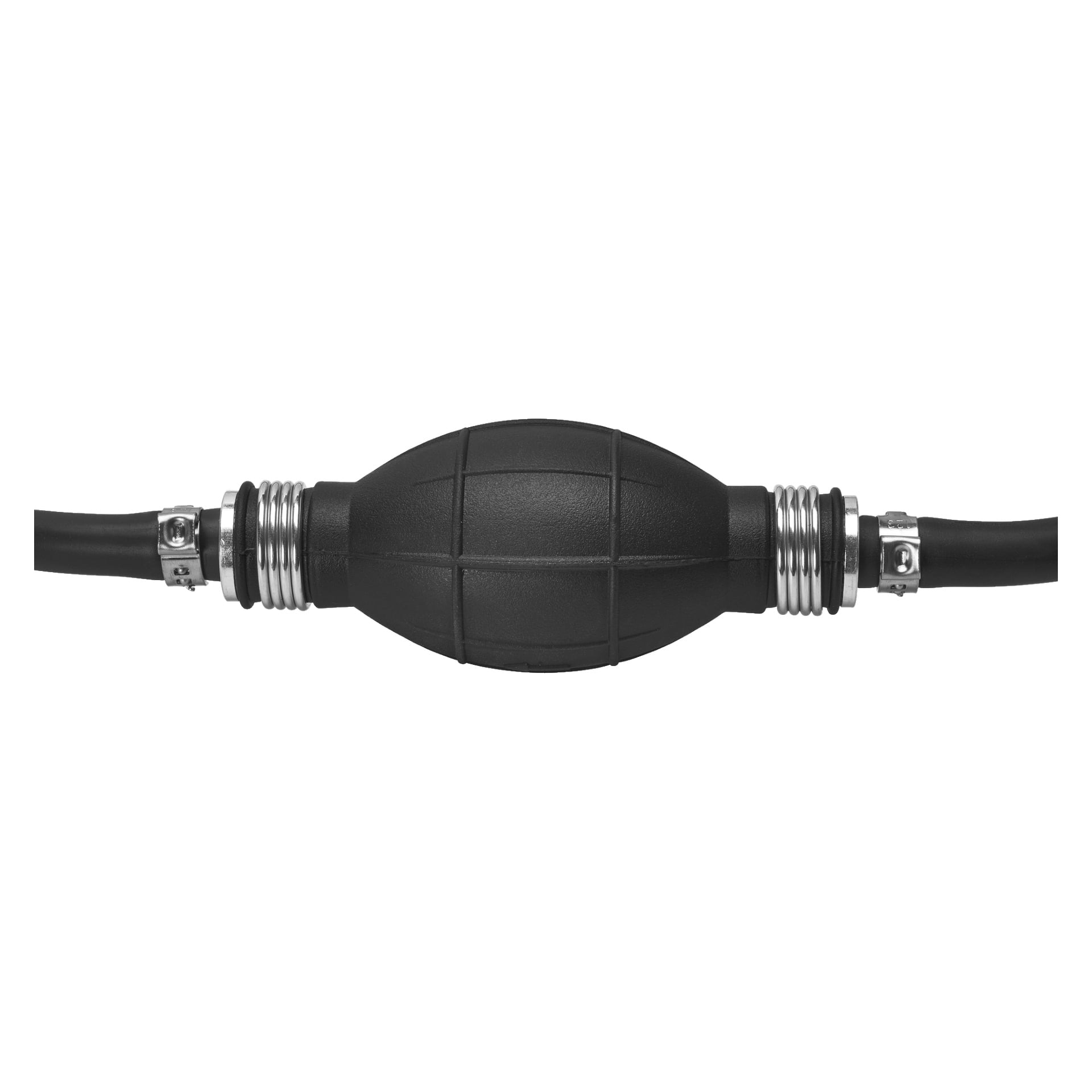 En Kayoba bränsleslang med tändhattpump, som visar en svart gummibulb och metallklämmor i båda ändar fästa vid svart rör.