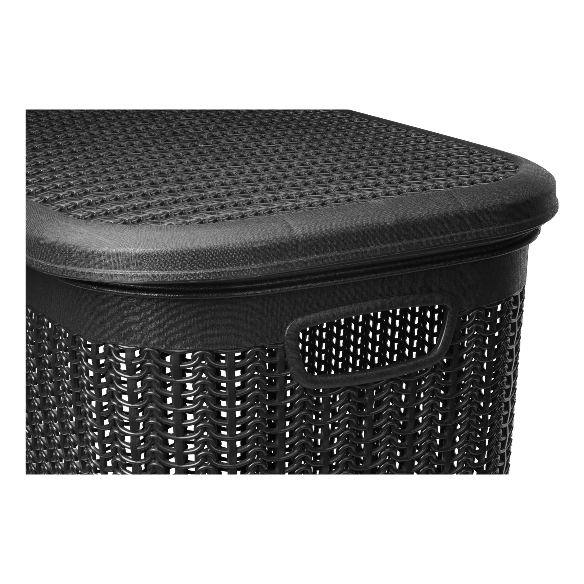 Menuett Wash Basket in Schwarz mit strukturiertem gewebtem Design, passendem Deckel und eingebauten Henkel an den Seiten und oben gezeigt.