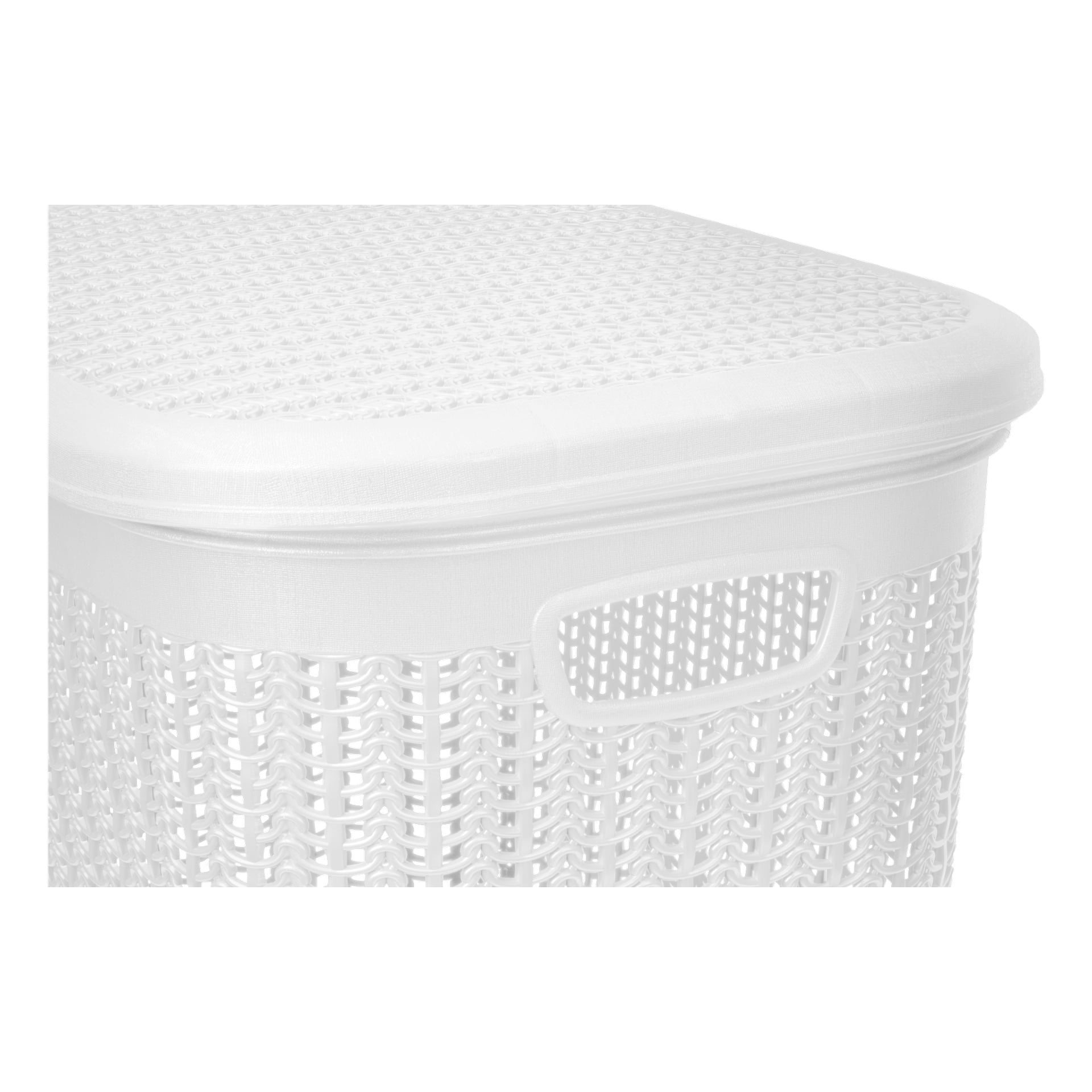 Et nærbilde av Menuett Wash-kurven, som viser en hvit plastkurv med vevd tekstur, et lokk som matcher, og et ovalt håndtak å bære på.