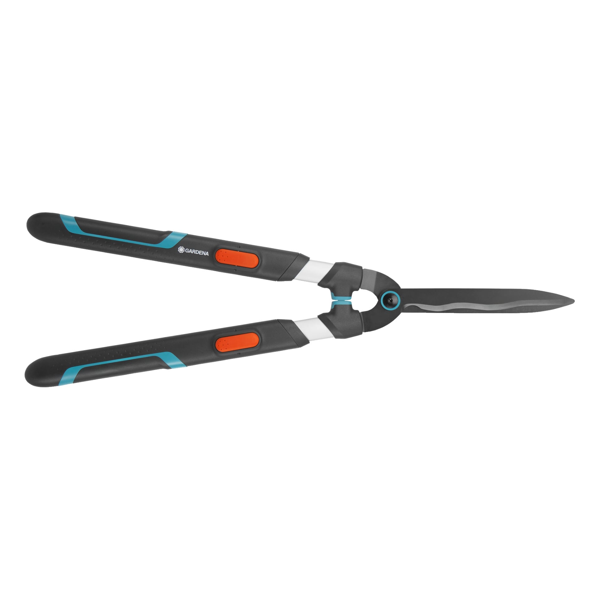 Ett par Gardena TeleCut teleskopiska häcksaxar i svart och silver, accentuerade med orange och teal, med förlängda handtag och raka, vassa blad.