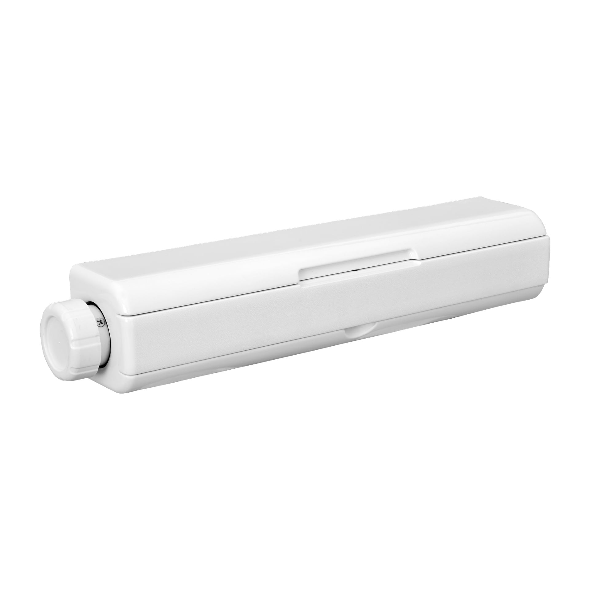 En Menuett-infällbar tvättlina av rektangulär vit plast, med en rund ratt i ena änden och en liten lås på sidan.