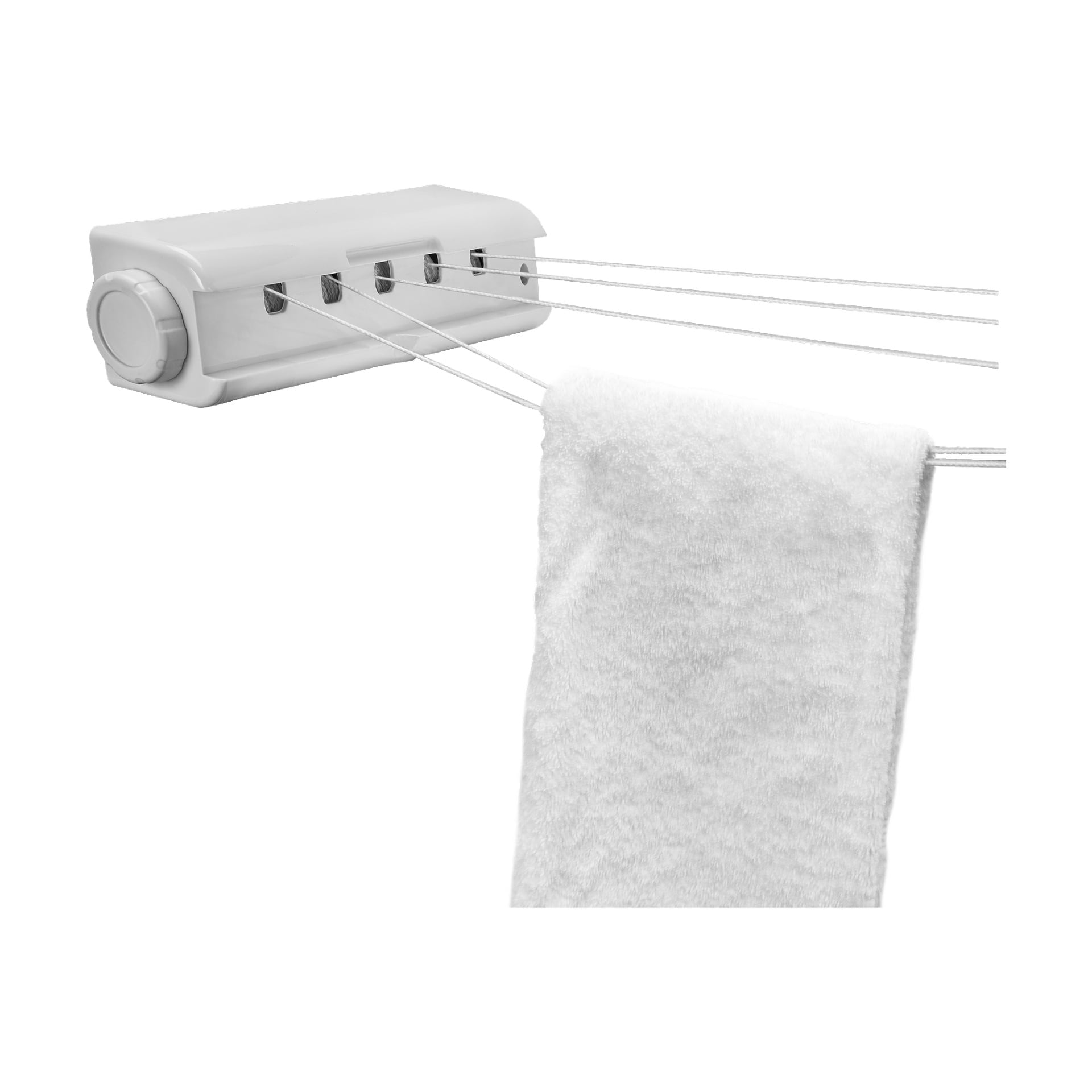 En väggmonterad Menuett infällbar tvättlina med fem förlängda linor bär upp en enda vit handduk. Enheten är vit och har en rund justeringsratt på sidan.