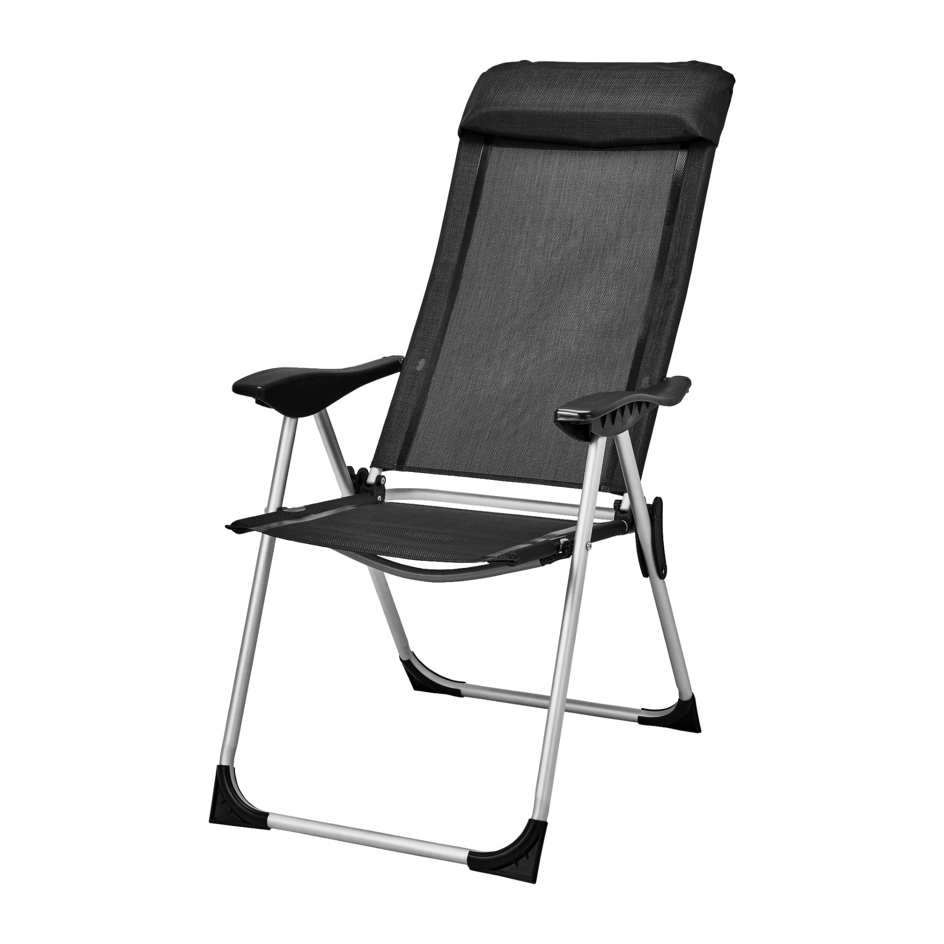 Kayoba Campingstolen har en hopfällbar svart design med en stark metallram, tygsits och ryggstöd, vadderad nackstöd och stödjande armstöd. Stolen är avbildad i en vinkel.