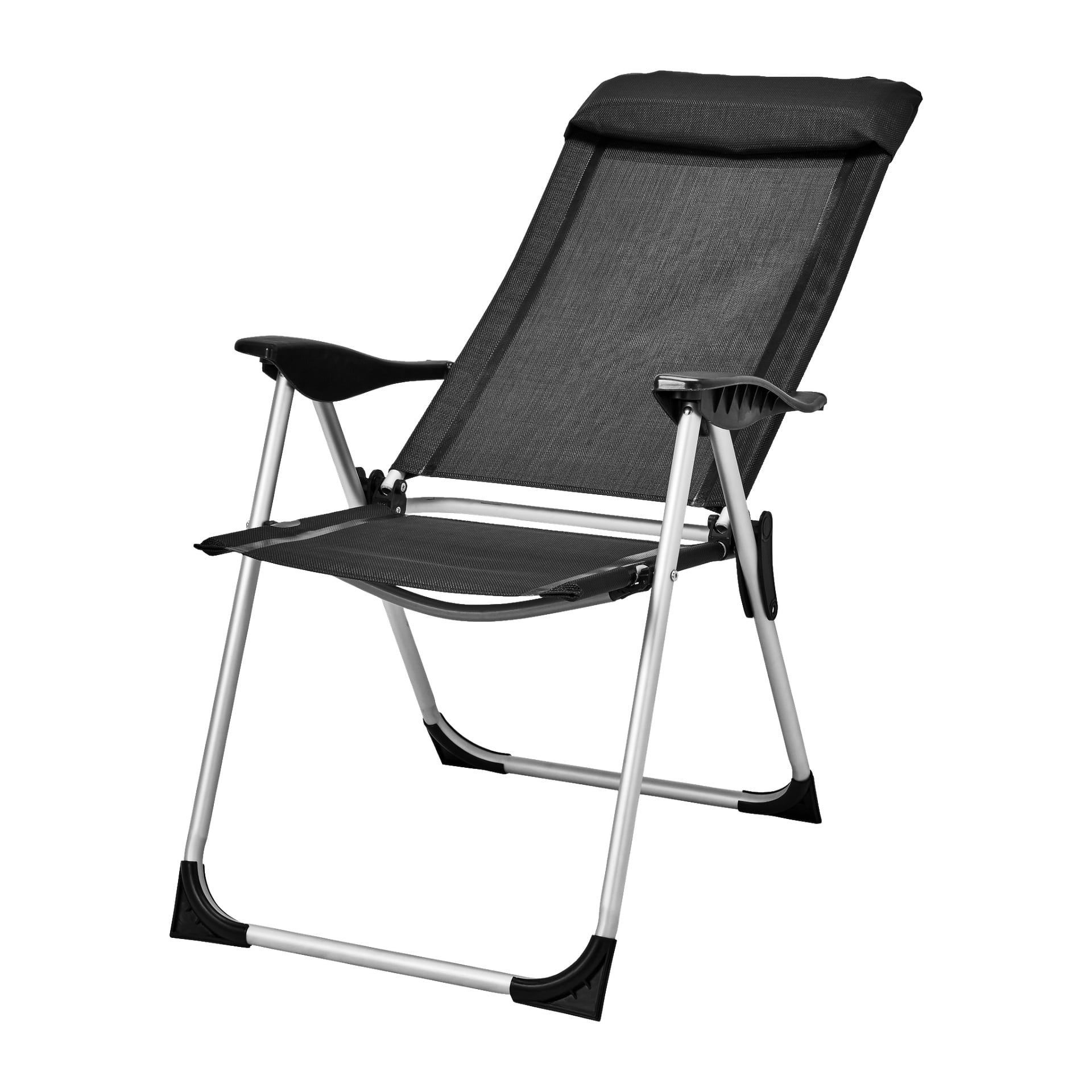 En svart Kayoba campingstol med metallram, nätsits och ryggstöd, armstöd och nackstöd.