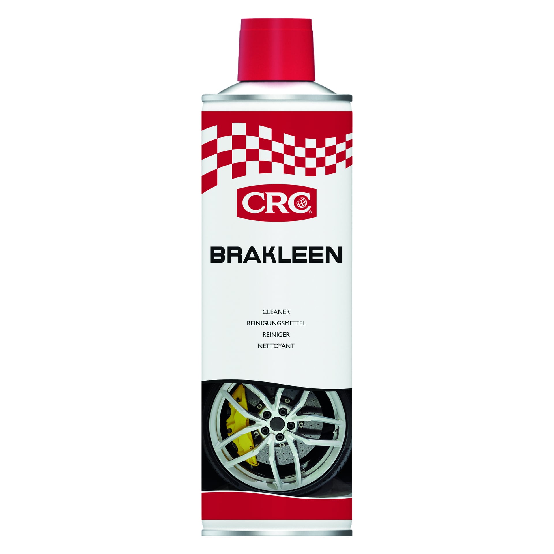 En burk CRC Degreaser Bräkleen med röd lock. Etiketten har ett rutigt mönster, produktnamnet i fetstil och ordet "cleaner" flera gånger. Längst ner på etiketten finns en bild av ett bilhjul och broms.