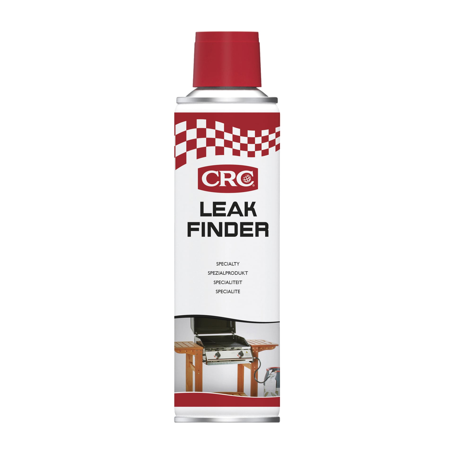 En burk CRC Leak Detector med röd och vit design, toppad av ett rött lock och rutmönster, och med en bild av en gasgrill längst ner. Etiketten innehåller olika produktdetaljer.