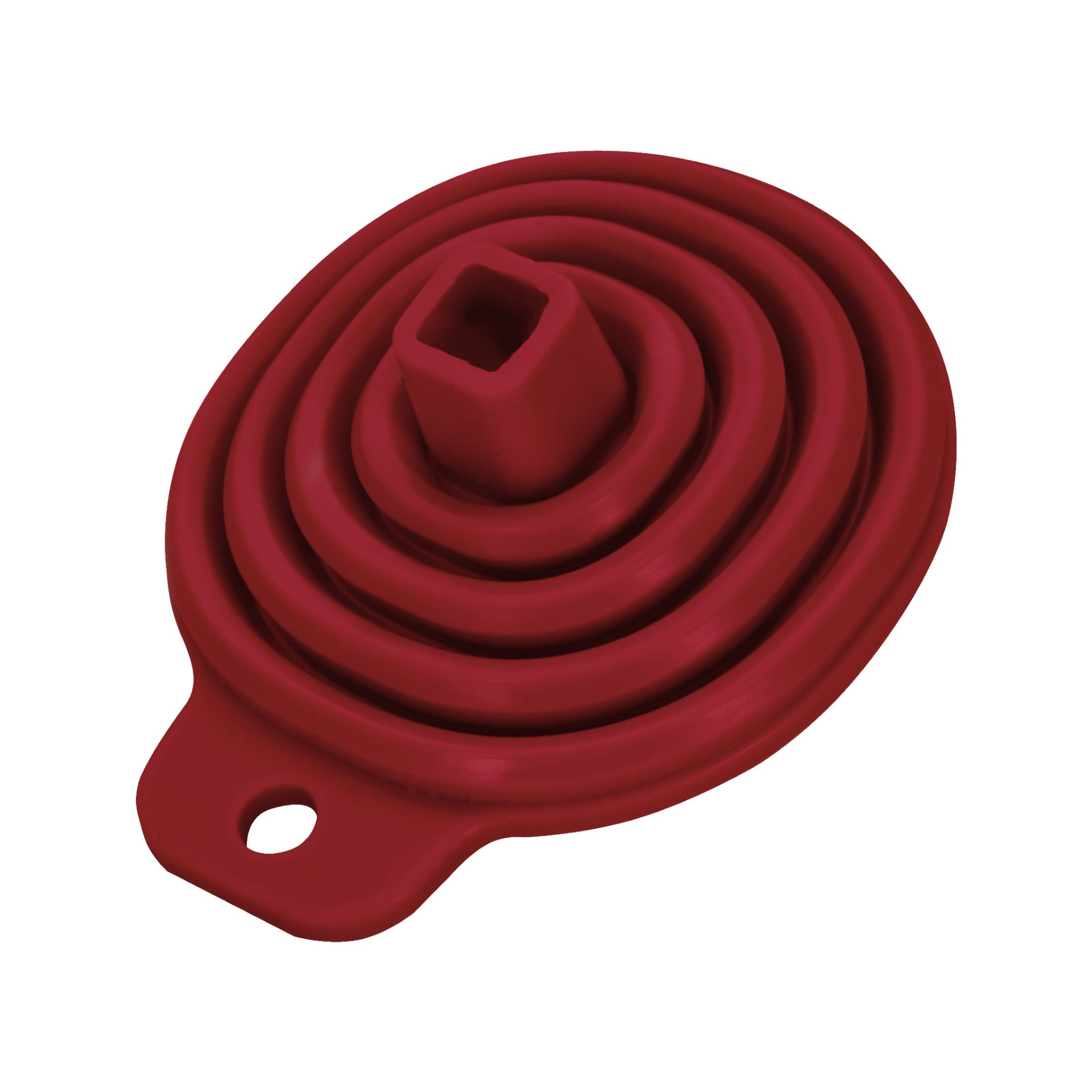 Der Menuett Falttrichter ist ein rotes, spiralförmiges Silikonwerkzeug mit einem Loch an einem Ende und einem erhöhten Quadrat in der Mitte. Er hat eine glatte, flexible Oberfläche für einfache Bedienung und Aufbewahrung.