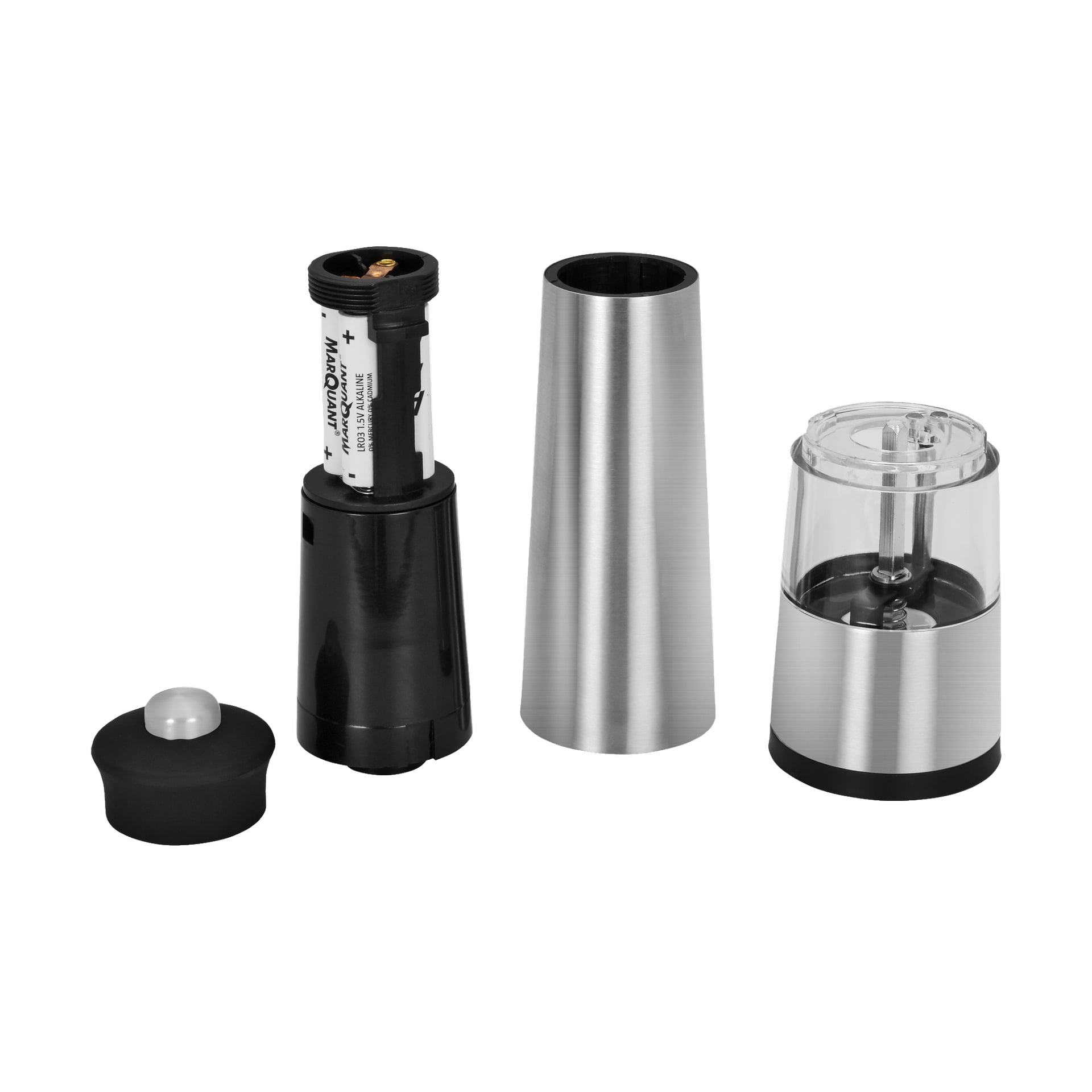 Rozmontowany pakiet Menuett Electric Spice Mills 2 Pack, z każdą częścią — komorą na baterię, korpusem ze stali nierdzewnej, mechanizmem mielenia i nakrętką — ustawioną w rzędzie.