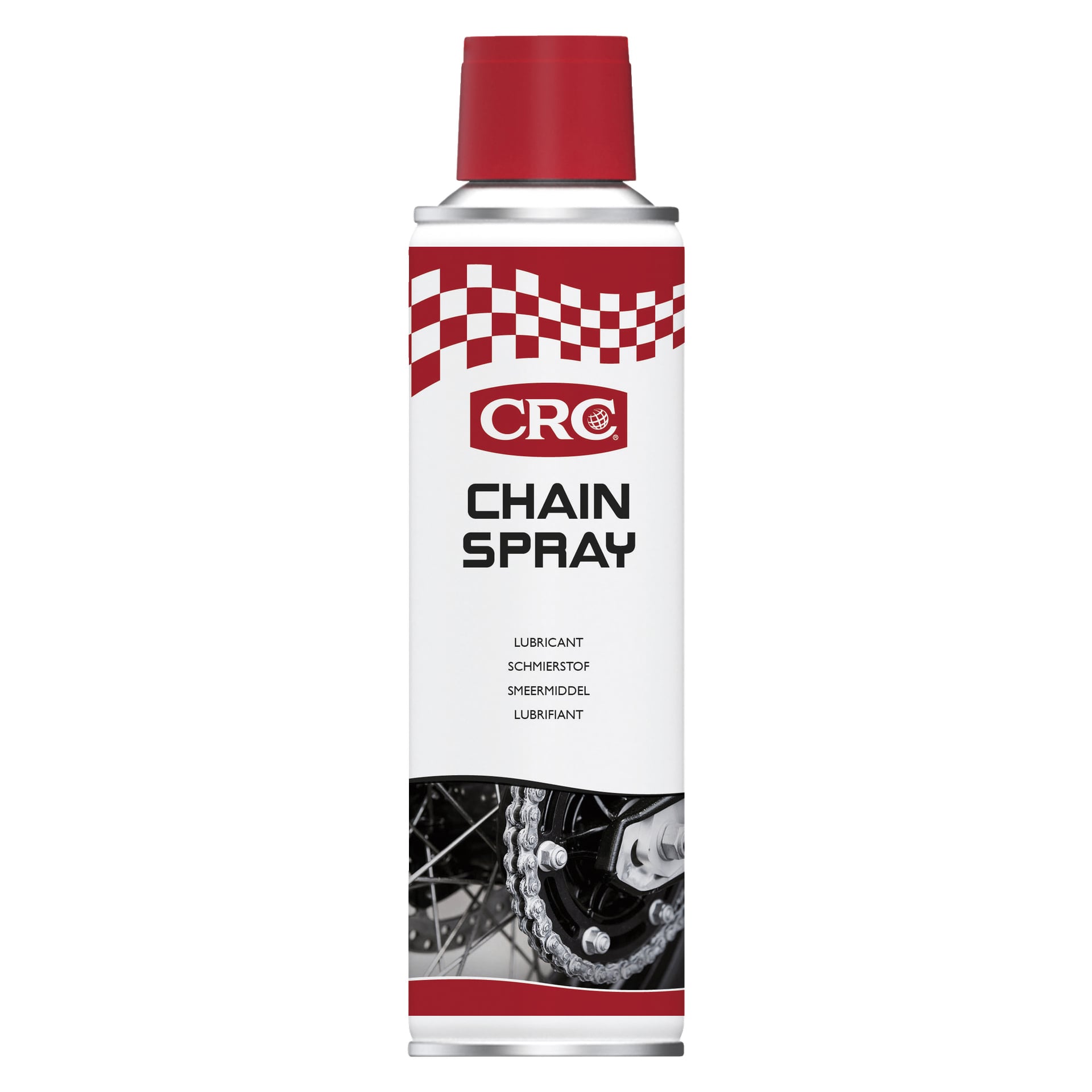 Punavalkoinen CRC Chain Oil -tölkki, jossa on etiketti, jossa on erilaisia tekstejä, sekä yksityiskohtainen lähikuva polkupyörän ketjusta ja vaihteista alareunassa.