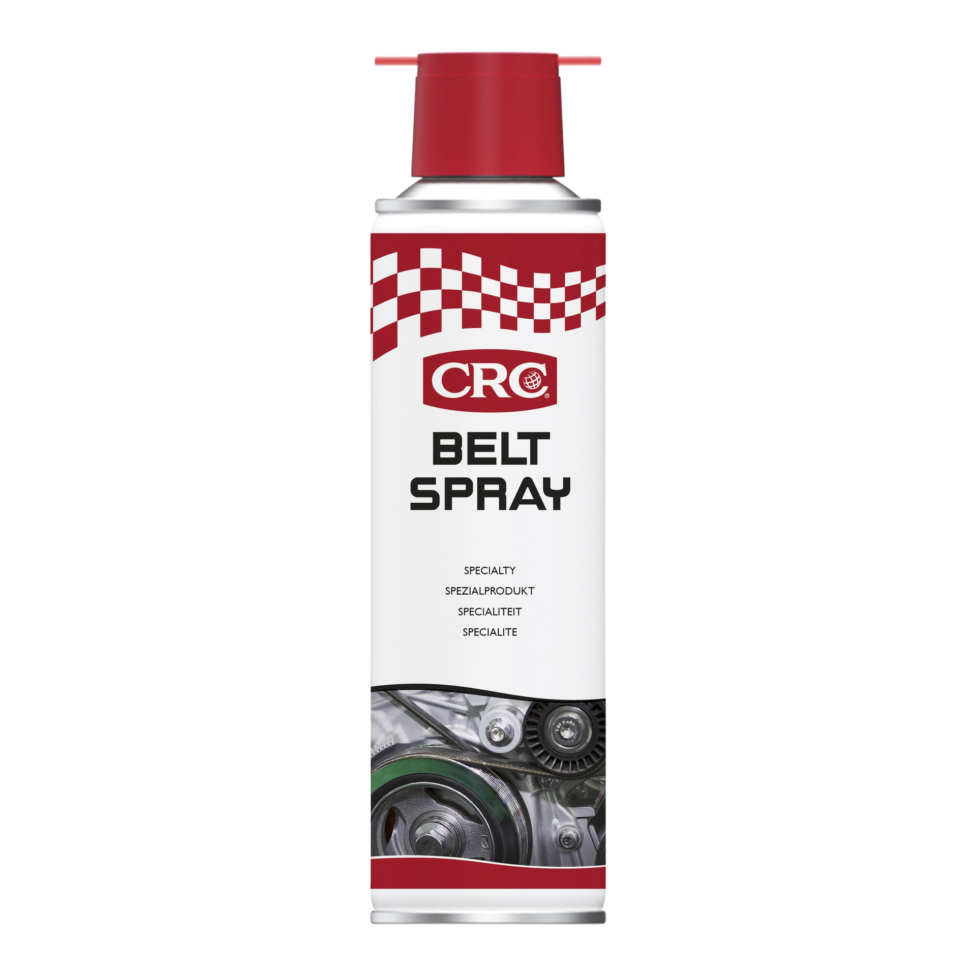 En burk CRC Belt Spray med röd lock, rutmönster och text på etiketten. I botten av burken finns en illustration som visar mekaniska remmar och remskivor.