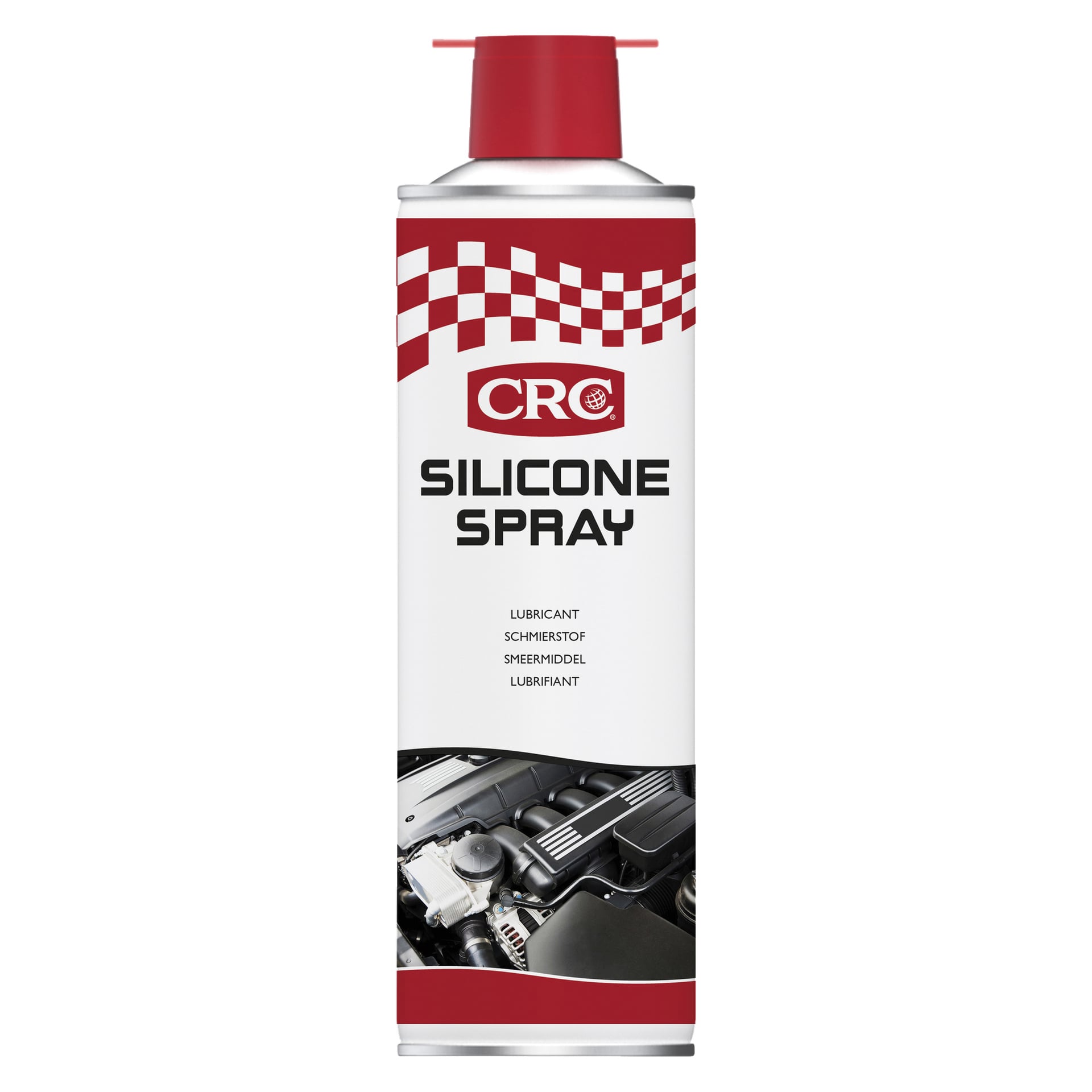En burk CRC Silicone Spray med ett rött och vitt rutigt mönster, produktnamnet "Silicone spray" i fet svart text och en bild på en motor nära basen; Etiketten innehåller också ordet "smörjmedel" flera gånger.