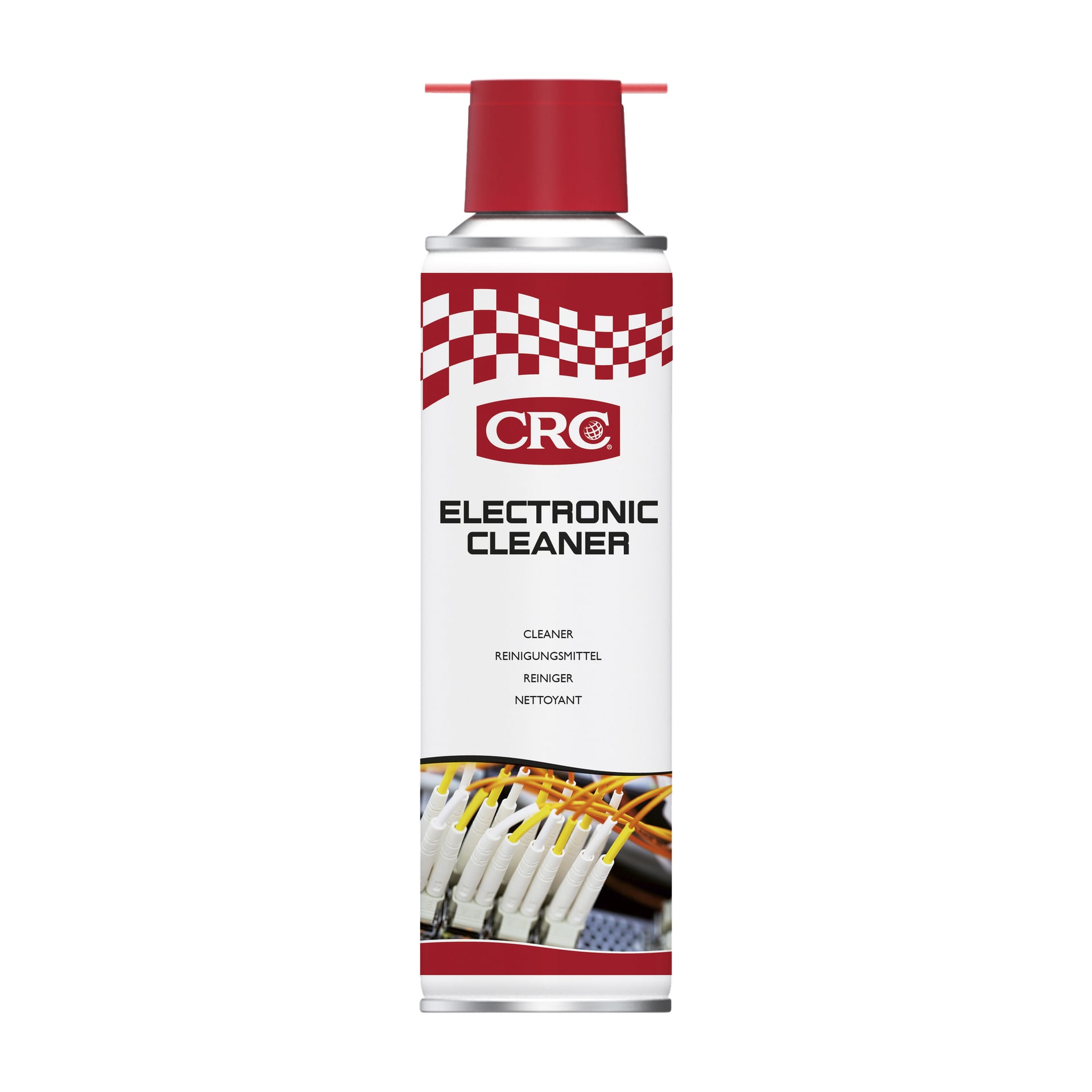 Aerosolburk med CRC Cleaning Electronics med ett rött lock, en vit etikett med ett rött rutmönster och text, samt en bild längst ner som visar elektroniska kontakter som rengörs.