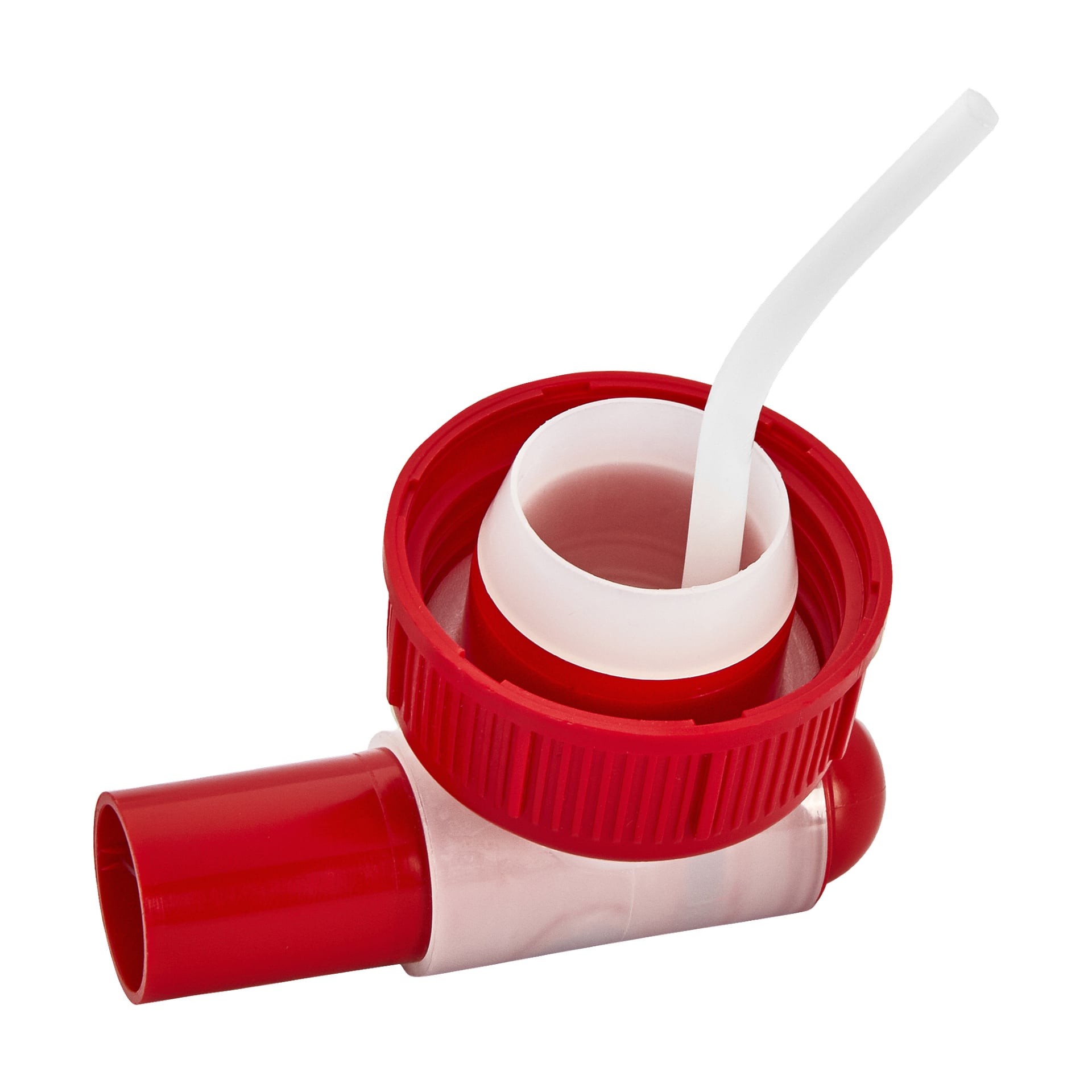 En Gustafvsivers-kran med en rød og hvit plasttut, et skru-på lokk og et påmontert buet hvitt sugerør, designet for å helle væsker fra store beholdere.