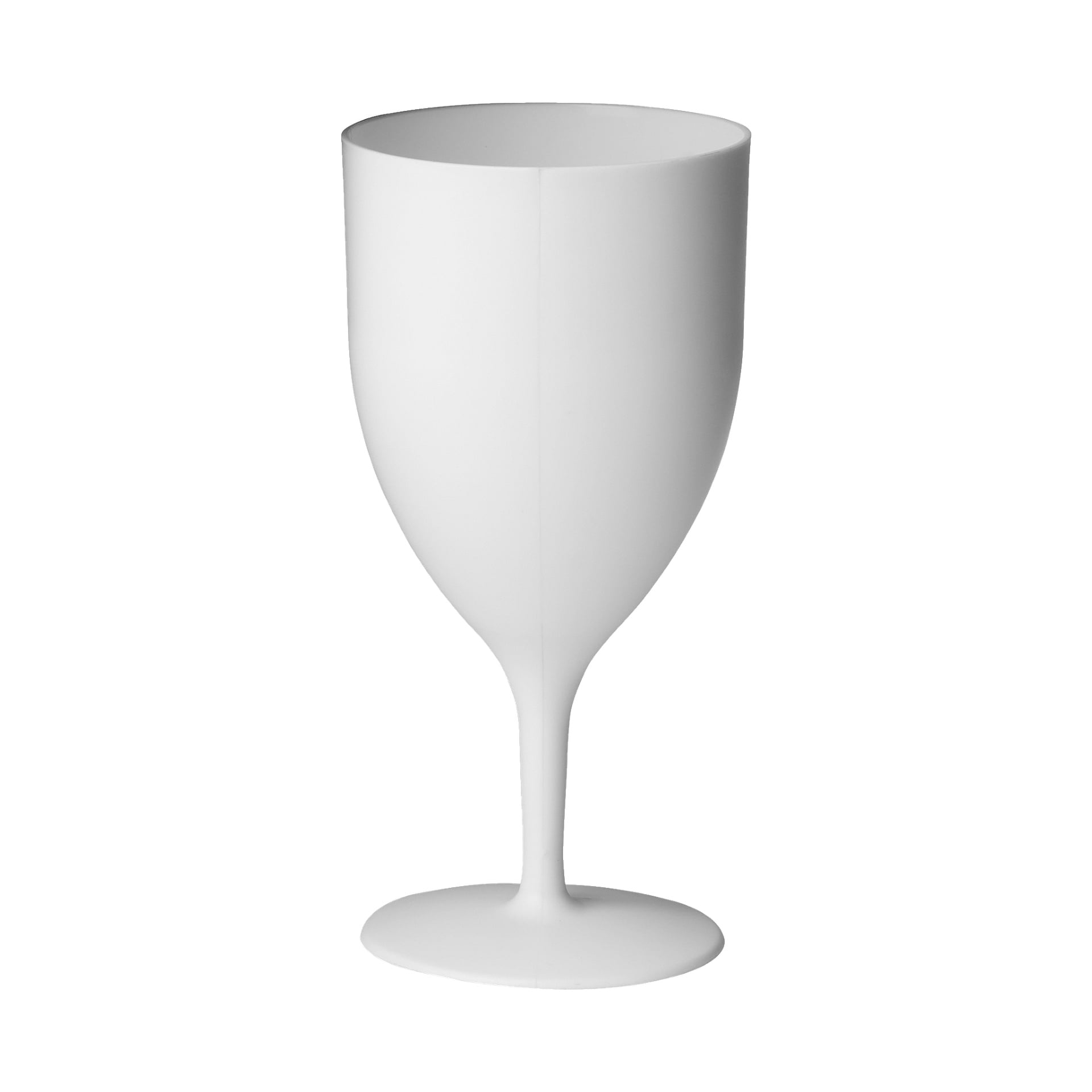Prezentowana jest prosta biała plastikowa szklanka z zestawu Menuett Plastic Glass 6 Pack, prezentująca gładką powierzchnię, zaokrągloną misę, wąską łodygę i płaską podstawę.