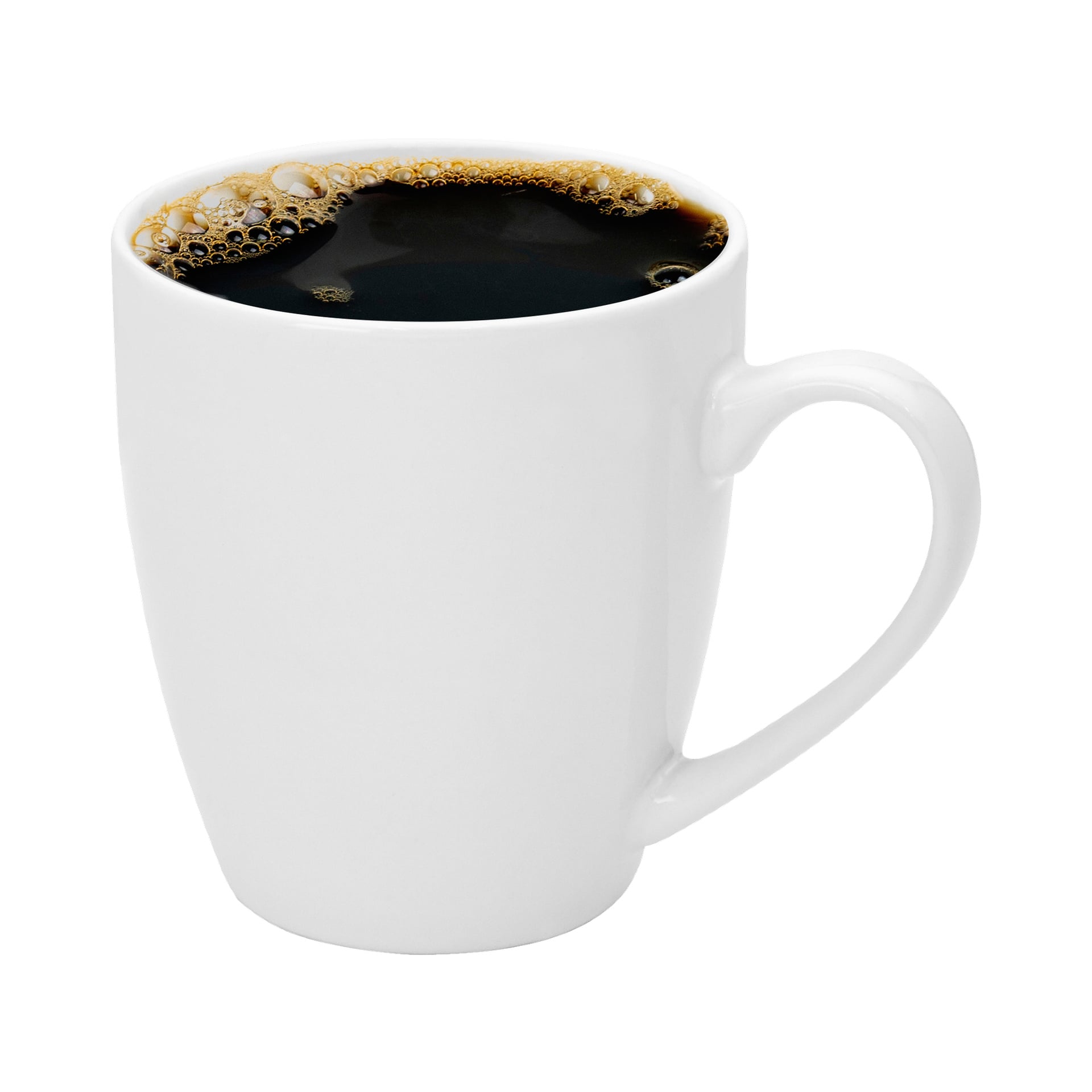 En vit Menuett-mugg fylld med svart kaffe, med små bubblor som ramar in kanten av vätskan.