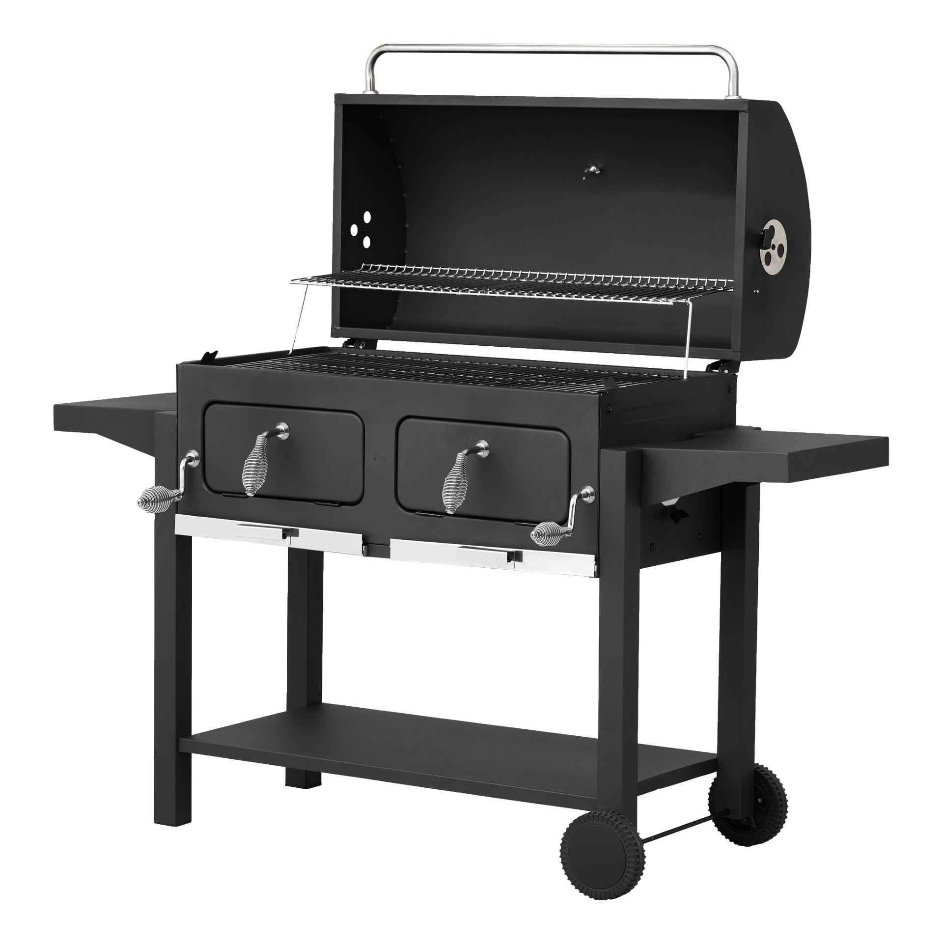 Burns & Barkles' Double Charcoal Grill Coal King 8242 har en svart metallkonstruktion med locket öppet, sidohyllor för bekvämlighet, två lådor framtill, en lägre förvaringshylla och två hjul i ena änden för att underlätta flytten. Interiören inkluderar både ett huvudgaller och ett extra värmegaller.