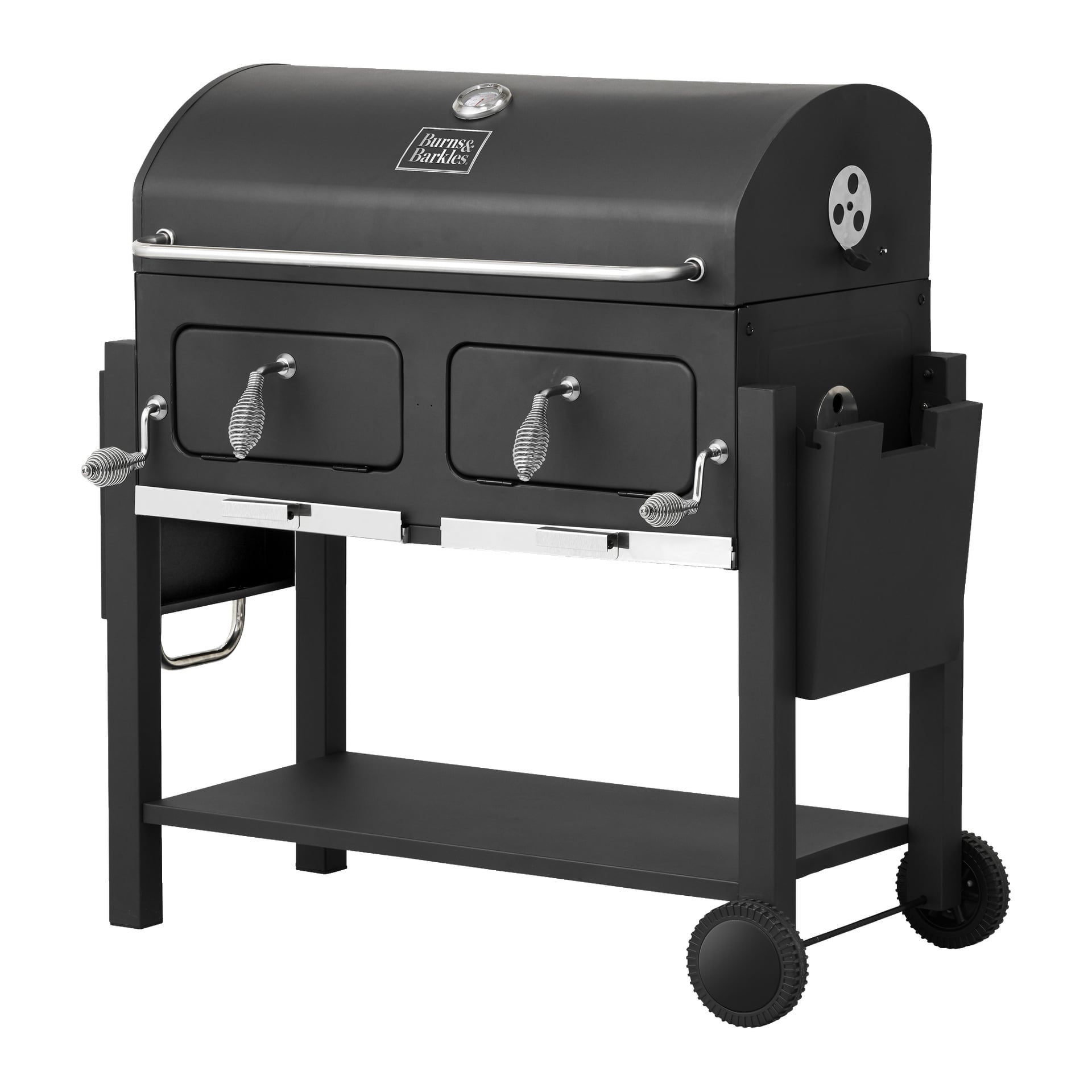 Burns & Barkles Double Charcoal Grill Coal King 8242 är en svart grill utrustad med sidoventiler, två framdörrar, en sidohylla för bekvämlighet, en förvaringshylla under och hjul i ena änden för transport. Locket har en integrerad temperaturmätare.