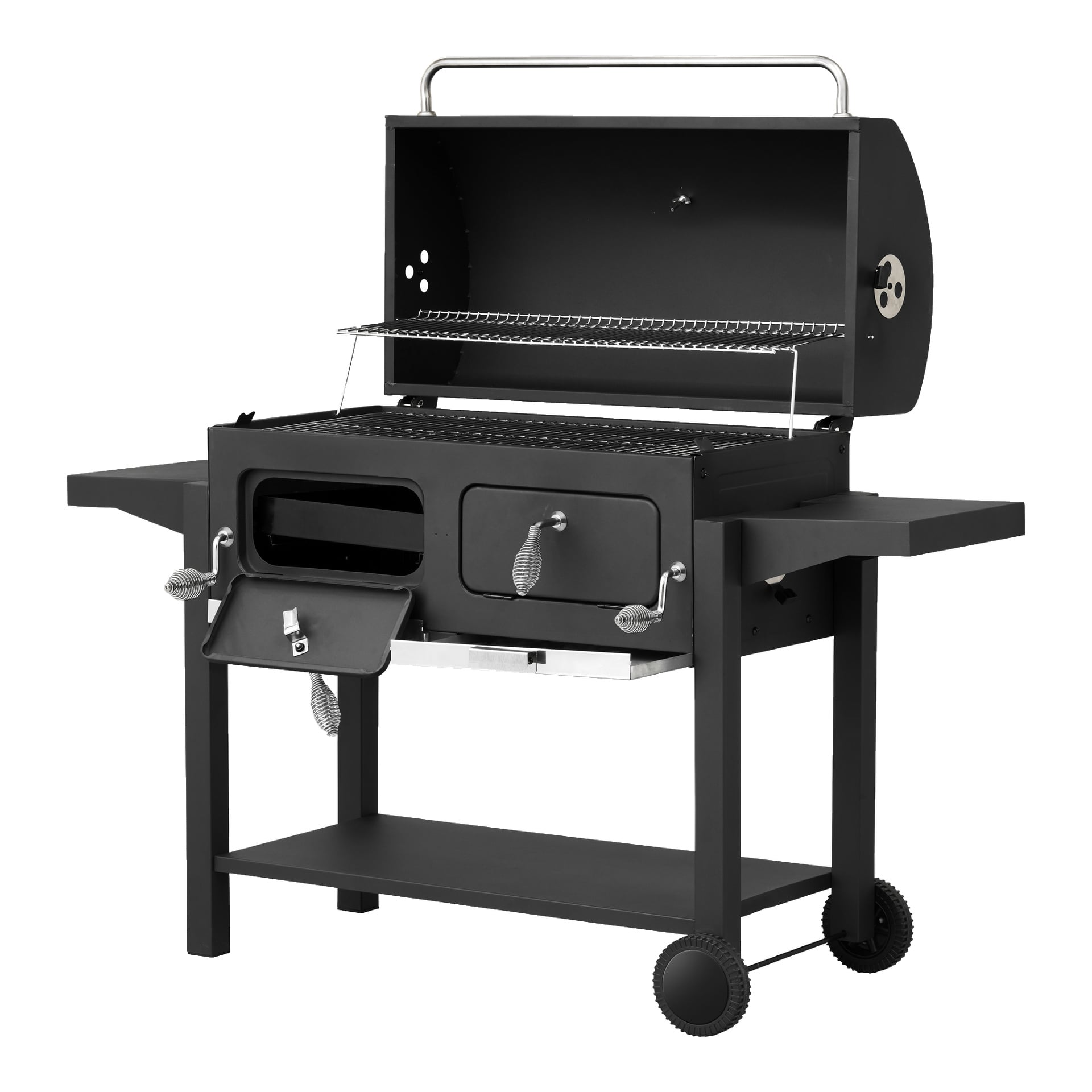 Burns & Barkles Double Charcoal Grill Coal King 8242 är en svart kolgrill med öppet lock, sidohyllor för bekvämlighet, två robusta metallhandtag, en lägre hylla för förvaring och två hjul för enkel rörelse. Den har också en frontdörr och ett övre värmeställ för extra mångsidighet.
