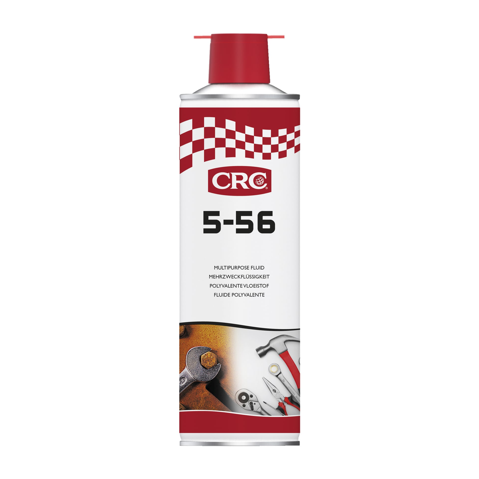 En hög sprayburk med ett rött lock märkt CRC Multi-purpose spray 5-56. Etiketten visar bilder på en skiftnyckel, skruvmejsel och tång, och har ett rött rutmönster upptill.