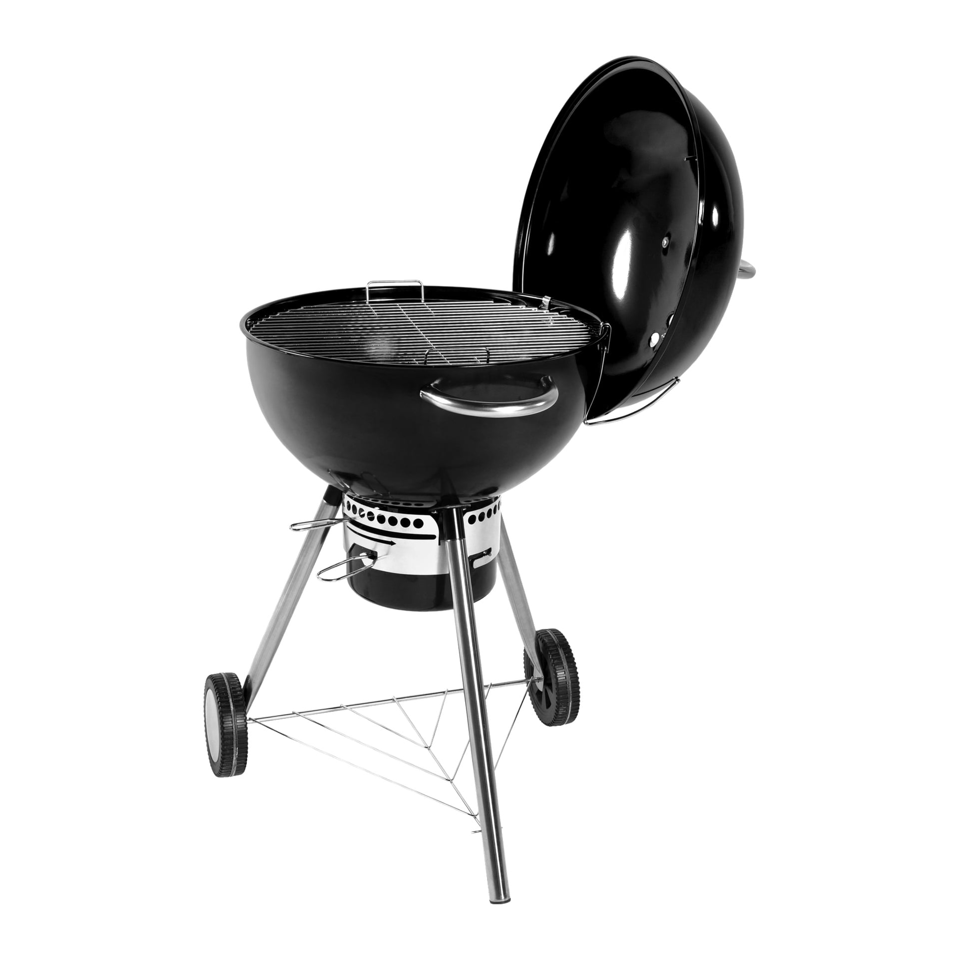 Grill Coal King 570 Burns & Barkles Kettle Grill King 570 to, okrągły grill na węgiel drzewny, z metalową kratką kuchenną i trzema nogami, z których dwie mają kółka. Otwarta pokrywa jest odchylona do tyłu, ukazując przestronną przestrzeń do grillowania w środku.
