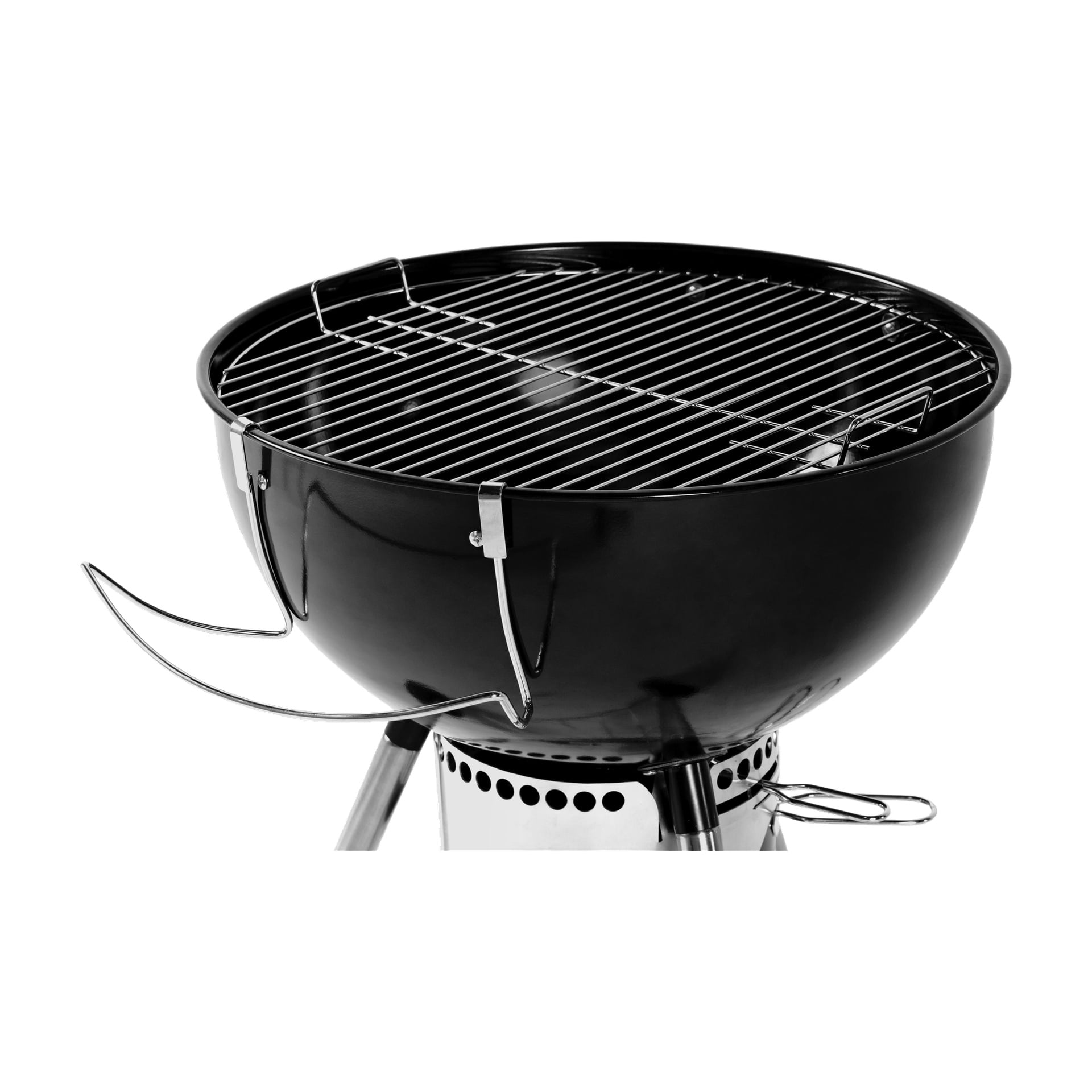 Zbliżenie grilla Burns & Barkles Kettle Grill Coal King 570, z okrągłym czarnym grillem węglowym z metalową kratą kuchenną i srebrnymi nogami.