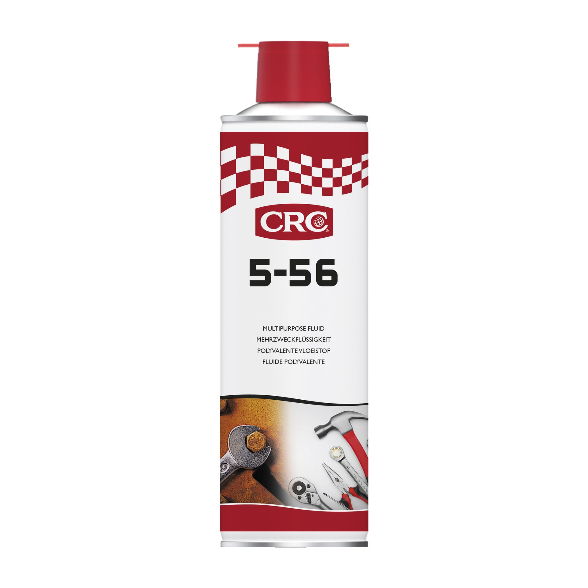 En hög burk CRC Multi-purpose spray 5-56 med röd och vit design, verktygsillustrationer nära botten och olika beskrivningar på framsidan.