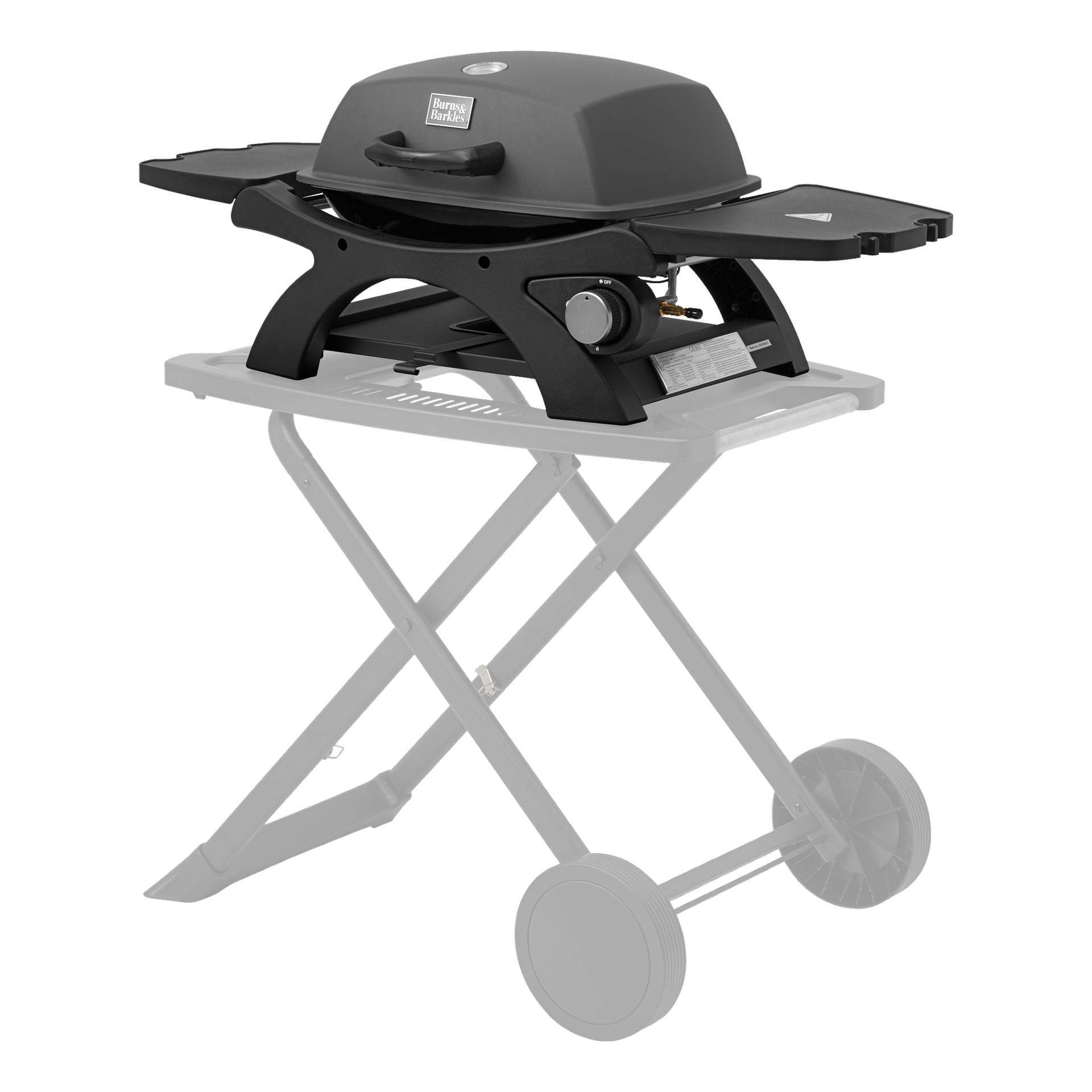 Przenośny grill gazowy Burns & Barkles Steely King 4735 z zamkniętą pokrywą stoi na przezroczystym, składanym wózku z kółkami i bocznymi półkami. grill stołowy wyposażony jest w wskaźnik temperatury oraz pojedynczą gałkę sterującą.