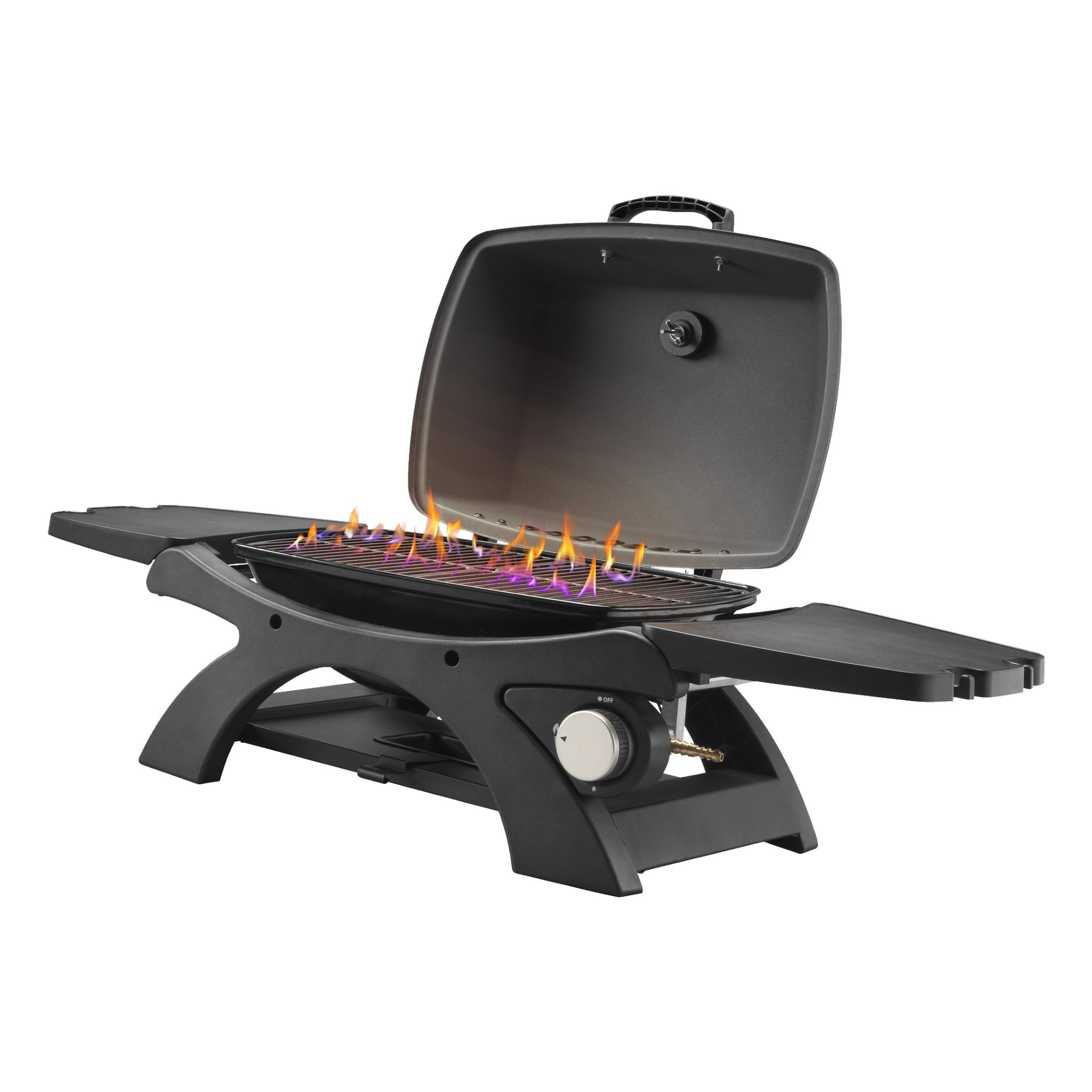 przenośny grill gazowy Burns & Barkles Steely King 4735 jest przedstawiony z podniesioną pokrywą, na której widać płomienie na grillu. Zawiera boczne półki i wskaźnik temperatury na pokrywie.