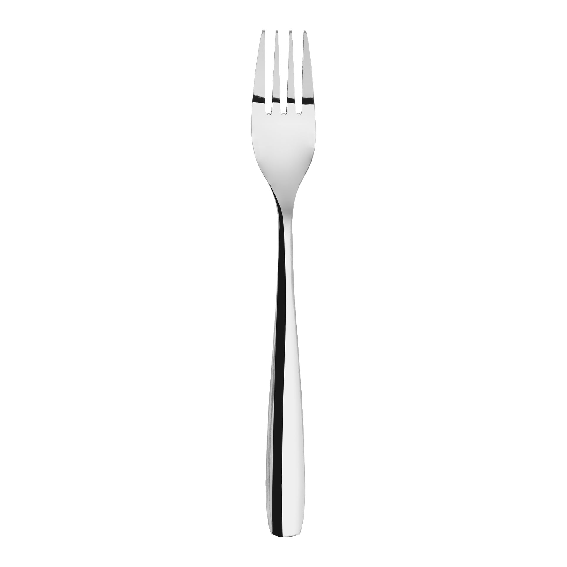 En metallspork från Menuett Cutlerys 16-delade set, designad med tre korta, platta tänder och ett mjukt böjt, polerat handtag.
