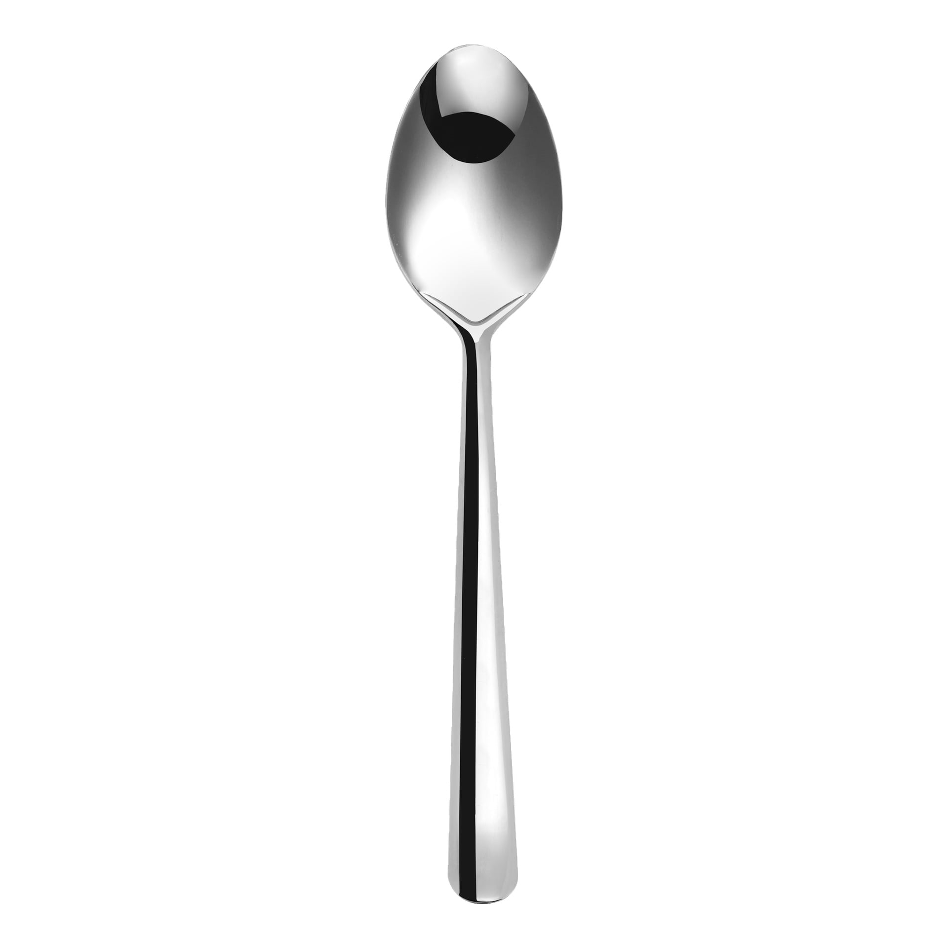 En vy uppifrån av en sked från Menuett Cutlery Set 16 pieces visar dess raka, reflekterande handtag och en oval skål med polerad rostfri stålfinish.