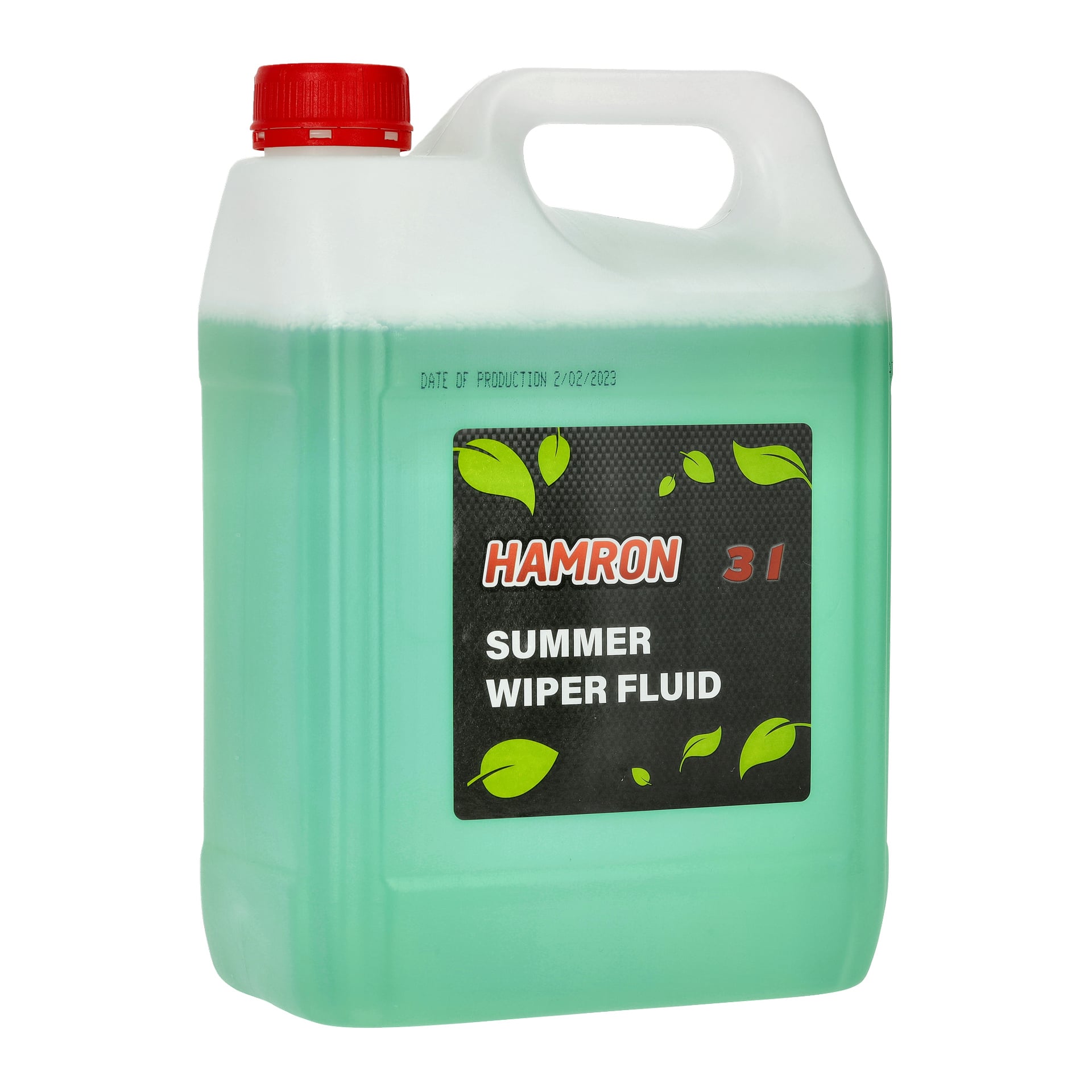 Przezroczyste plastikowe pojemnik z czerwoną pokrywką, zawierający zielony płyn, przedstawia etykietę "Hamron Summer Wiper Fluid" wraz z zielonymi liśćmi i wydrukowaną datą produkcji.