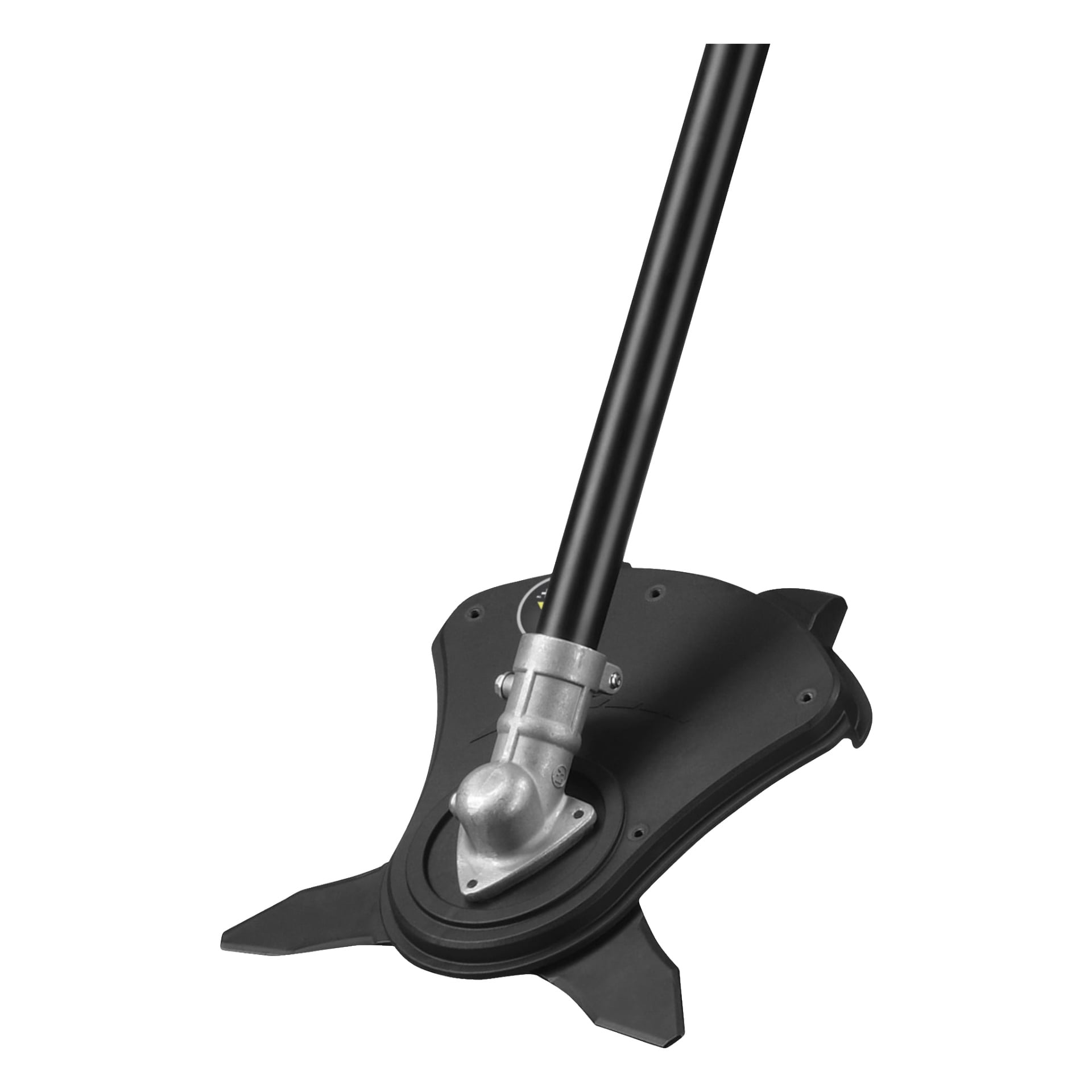 En detaljerad närbild av Ryobi Max Power Clearing-bladet RAC117, som visar ett svart trimmer- eller borstskärarhuvud med ett fäst metallskaft, med fokus på dess vassa skärblad och monteringspunkten.