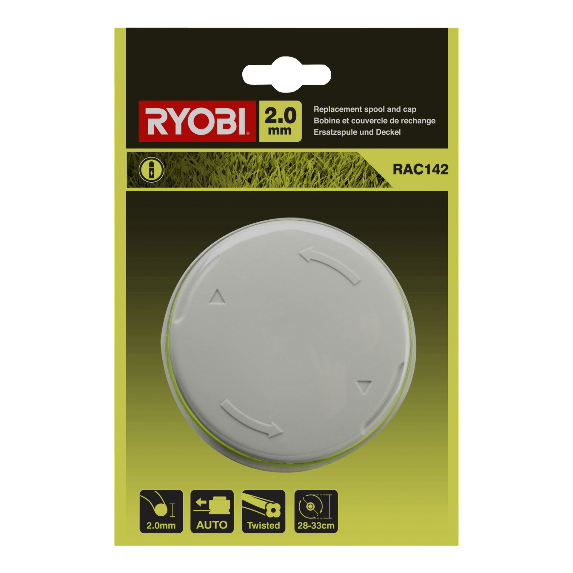 Ett ersättningspaket för Ryobi Max Power Trimmer RAC142 inkluderar en cirkulär spole med riktade pilar och är gjort för 2,0 mm trimmerlinje. Förpackningen visar produktinformation.