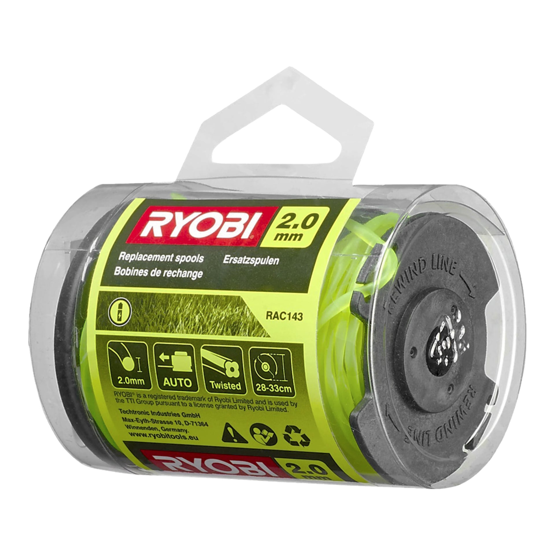 Ett genomskinligt plastpaket innehåller en grön Ryobi Max Power 2,0 mm Trimmer RAC143 ersättningsrulle. Produktetiketten ger information om kompatibilitet, storlek och funktioner, och en svart spole kan ses inuti förpackningen.