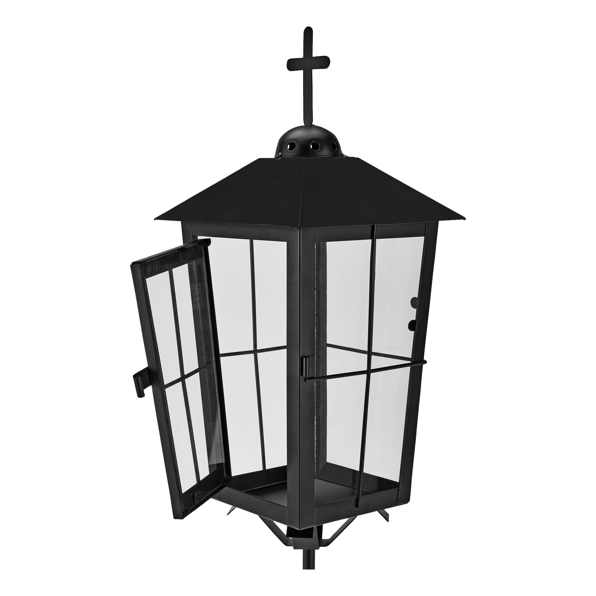 Lampion grobowy Menuetta wykonany z czarnego metalu, zwieńczony ornamentem krzyża, z przezroczystymi szklanymi bokami i otwartymi bocznymi drzwiami.