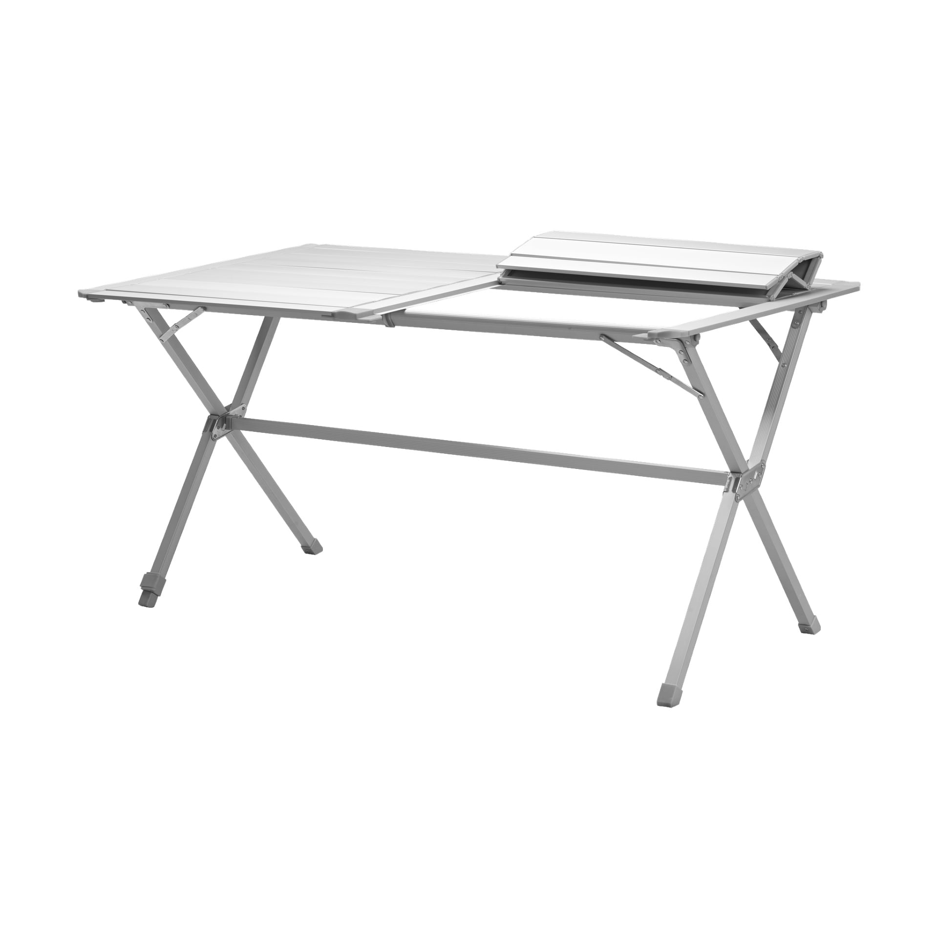 Ett Kayoba campingbord med en lätt, hopfällbar aluminiumram, platt bordsskiva och utåtvinklade ben. En öppen bok eller en hög papper placeras på högra sidan av bordet.