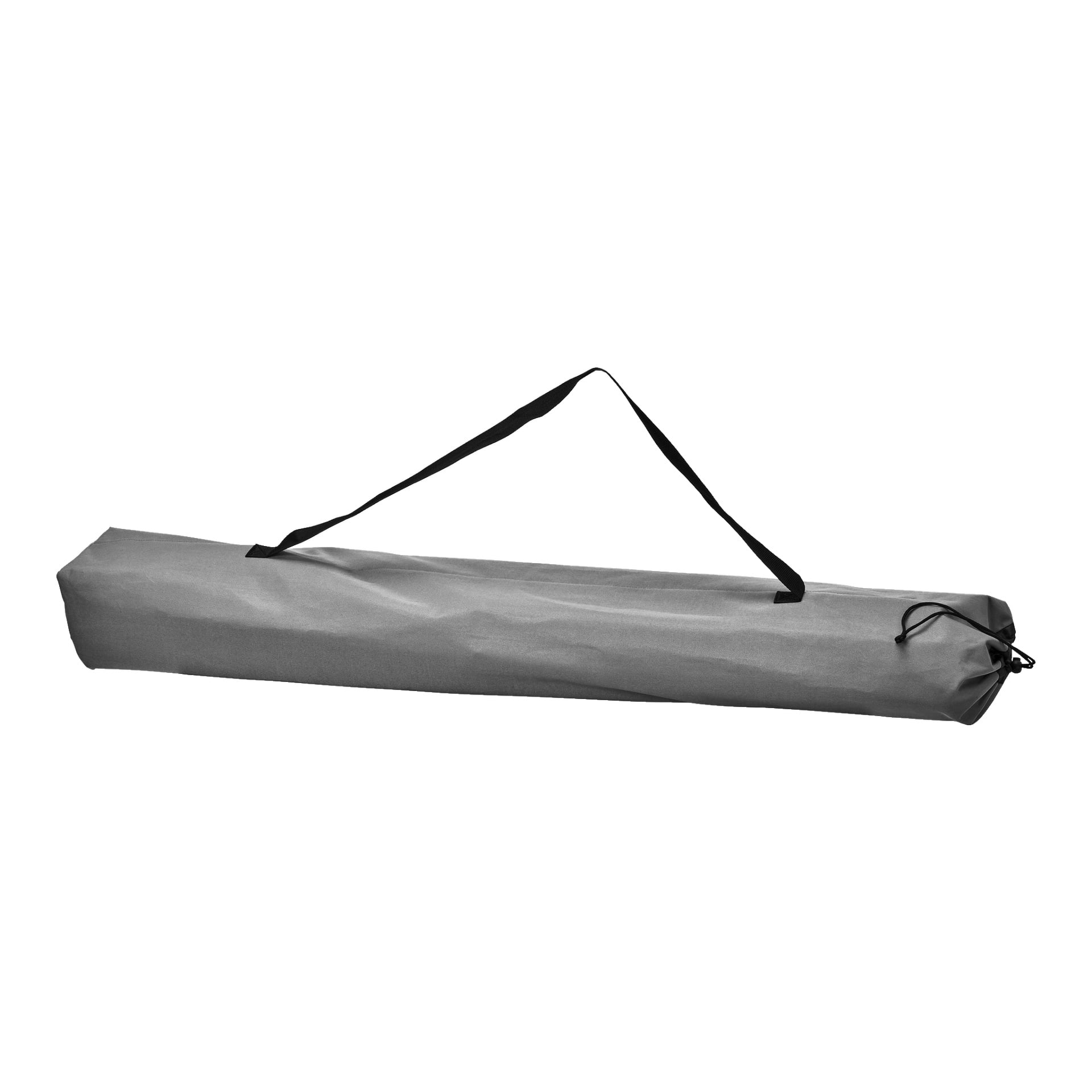 En grå cylindrisk tygväska med svart axelrem och dragsko, som rymmer Kayoba Camping Table.