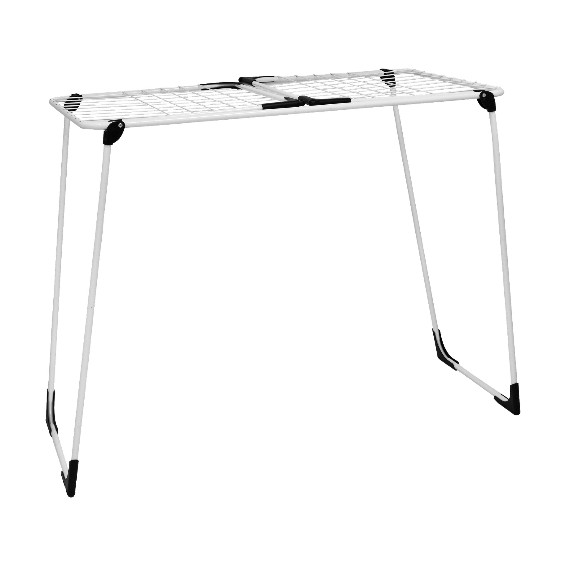 Menuett Drier rack XL on valkoinen, taittuva kuivausteline, jossa on metallinen ritiläpinta ja neljä vinoa jalkaa. Siinä on mustat muoviset kannet kummassakin jalkapäässä ja keskellä olevat saranat kätevää taittamista varten. Teline on tyhjänä.