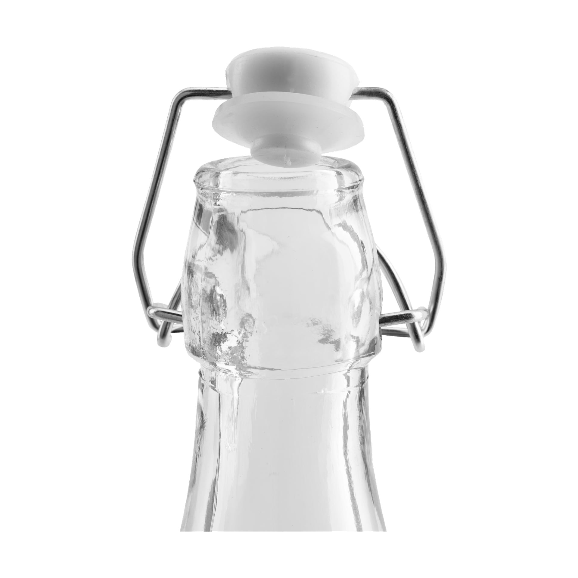 Zbliżenie na butelkę Menuett Glass z zapięciem na zasuwanie, ukazującą przezroczyste szklane korpusy, metalowe zapinanie i biały ceramiczny korek.