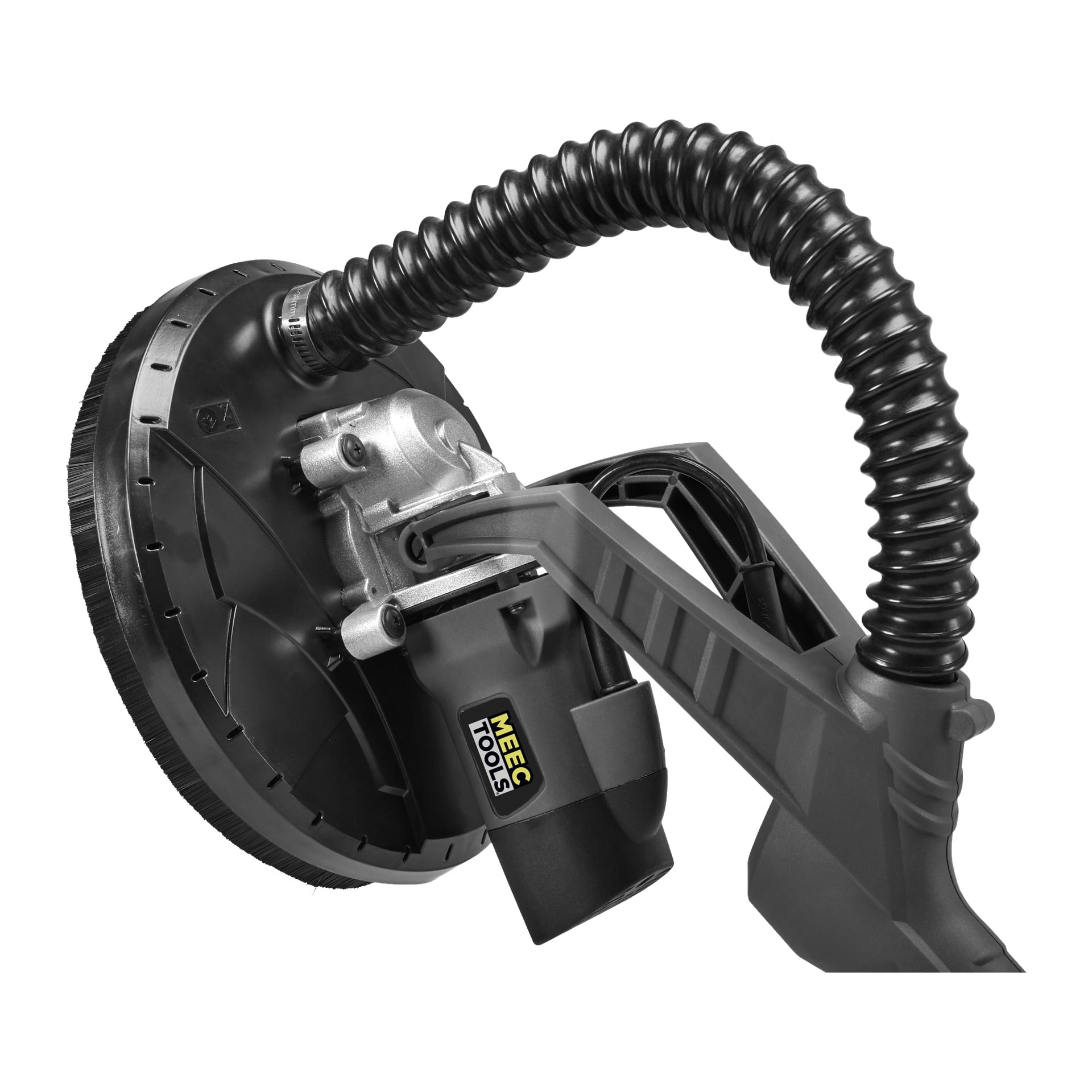 Nærbilde av Meec Tools Drywall Sander WS-W HOME 300 med en stor rund slipepute, ergonomisk håndtak og tilknyttet slange.