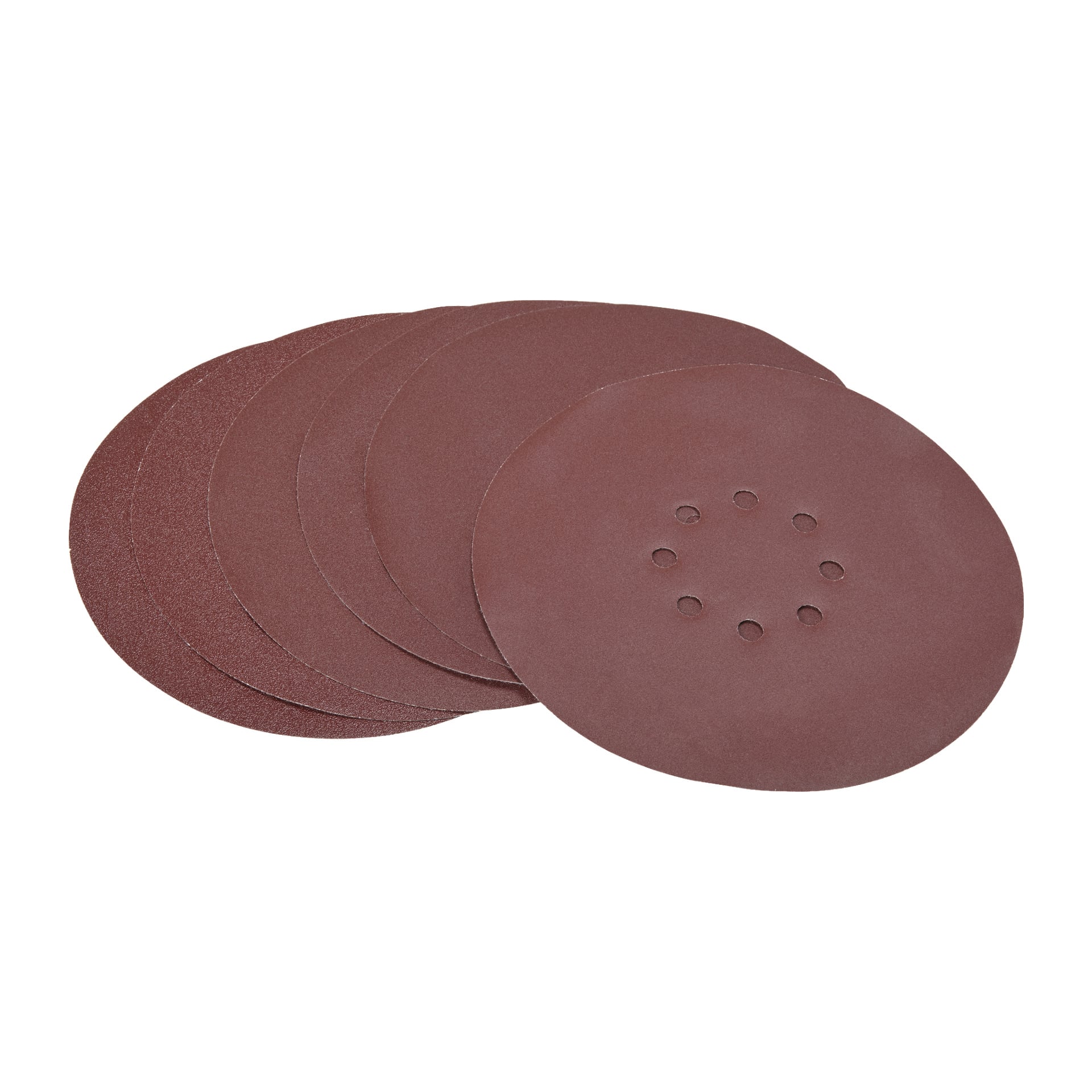 Seks brune Meec Tools sandpapirskiver for WS-W HOME 300 gipssliper spredte seg ut, hver med åtte hull nær midten.