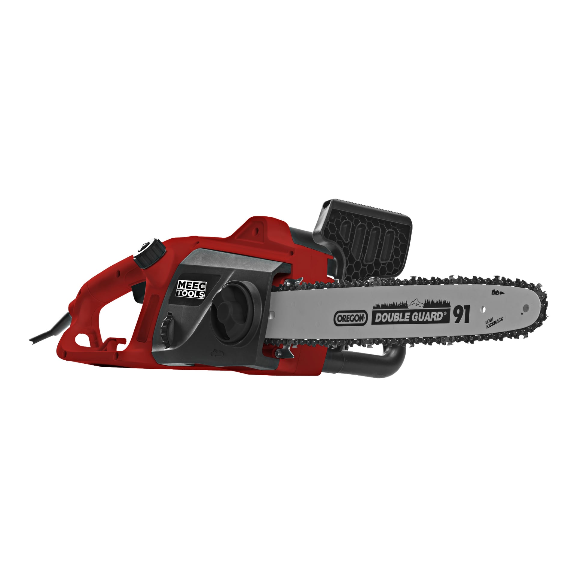 Elektryczna piła łańcuchowa Meec Tools z czerwono-czarnym korpusem oraz prowadnicą Oregon Double Guard 91.