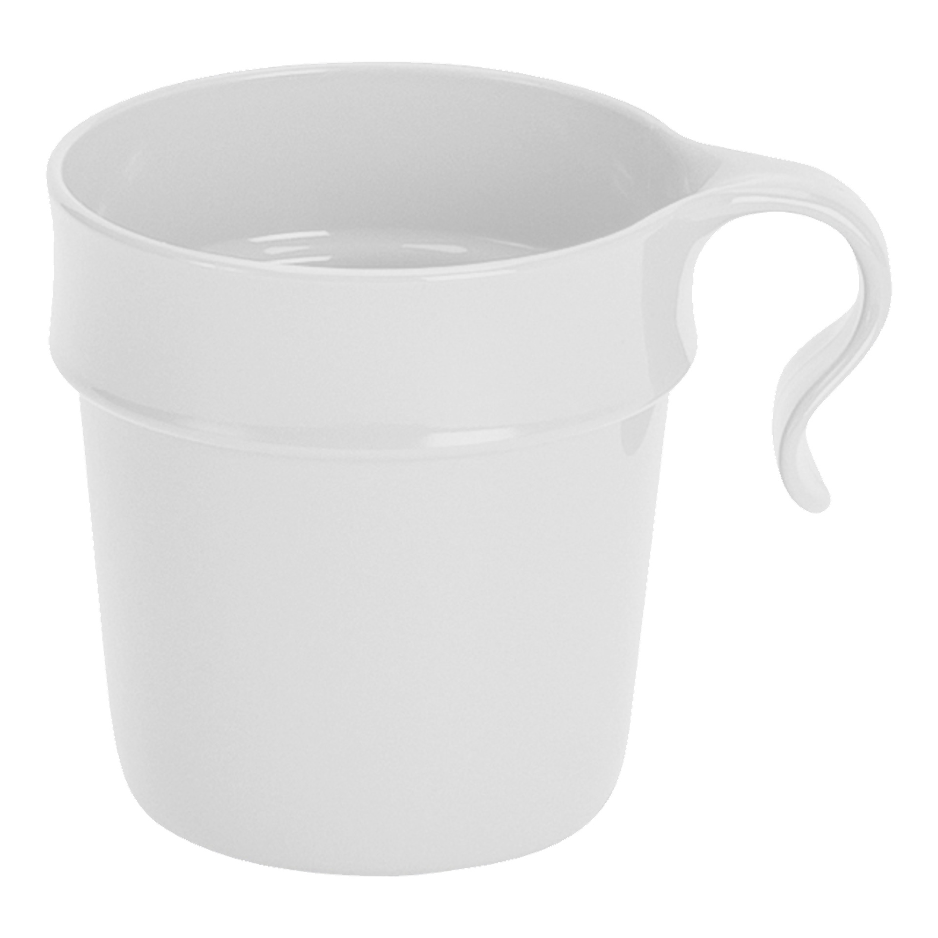 En Menuett-mugg med en slät, enkel vit kropp, böjt handtag och lätt utsvängd kant.