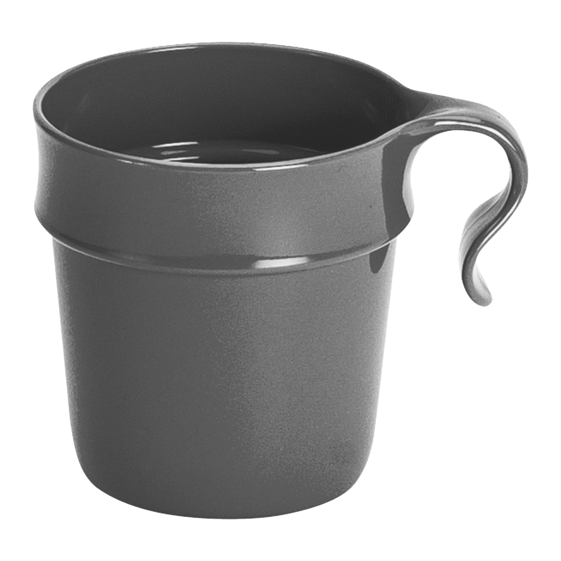 En grå plastmugg av Menuett med rundad kropp och ett unikt böjt handtag, avslutad med en glansig glans. Muggen är tom.