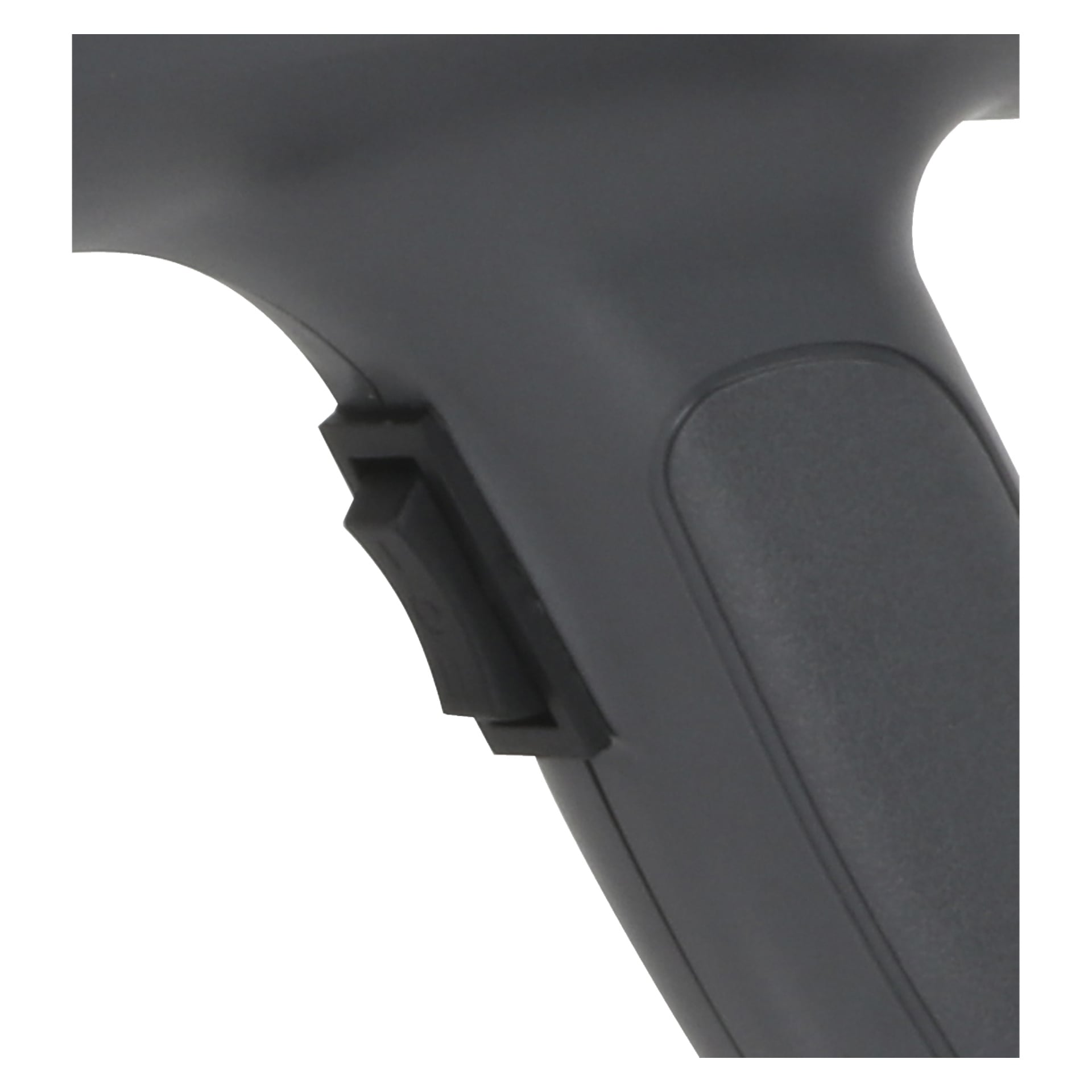 Detaljert visning av et grått plasthåndtak fra en varmluftpistol fra Meec Tools, som viser en rektangulær svart bryter på siden. Bare en del av håndtaket er synlig, og ingen merkevare kan sees.