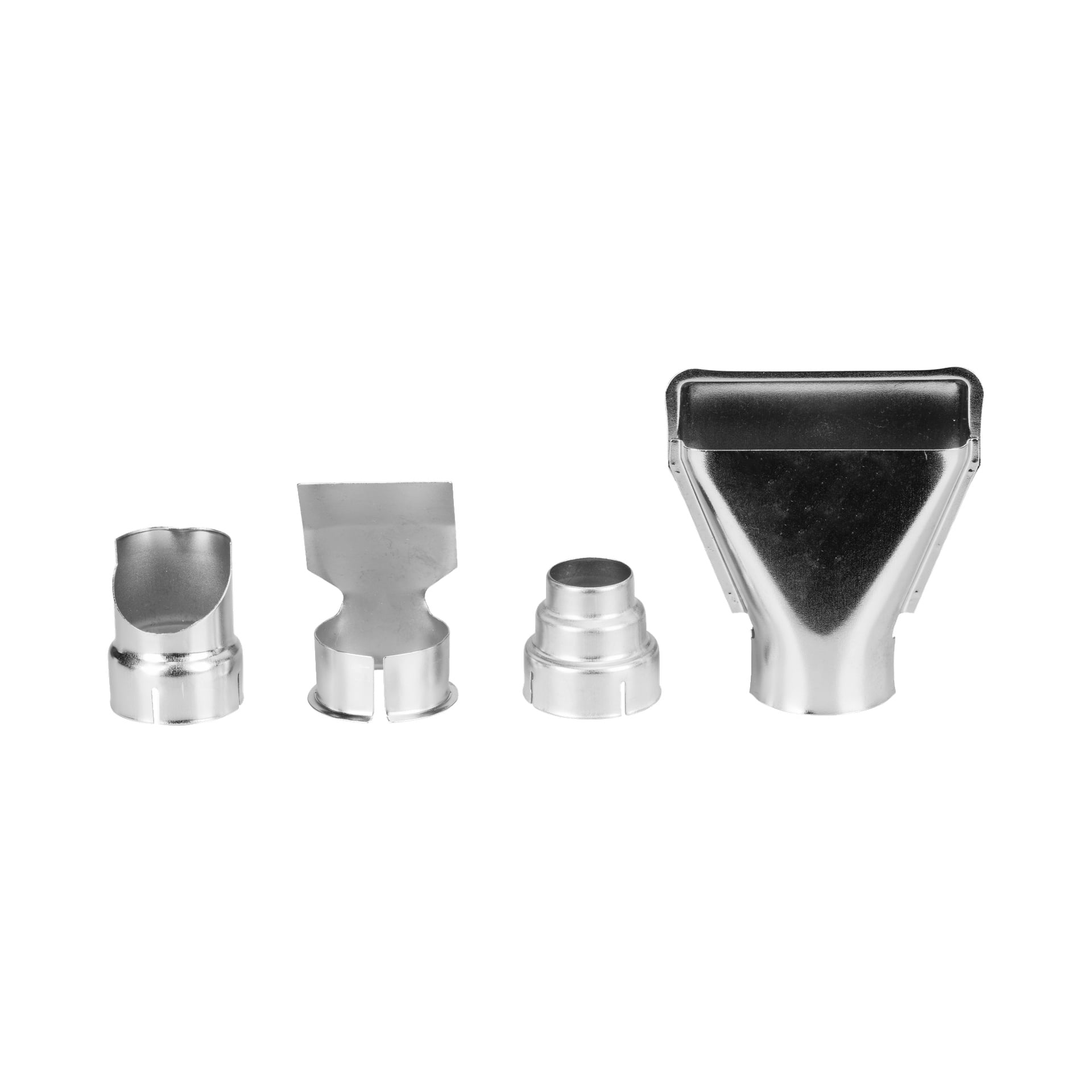 Fire Meec Tools varmluftpistol-metalldyser står på rekke og rad. Hver dyse har en distinkt form og størrelse, tilpasset spesifikke luftstrømsbehov og formål.